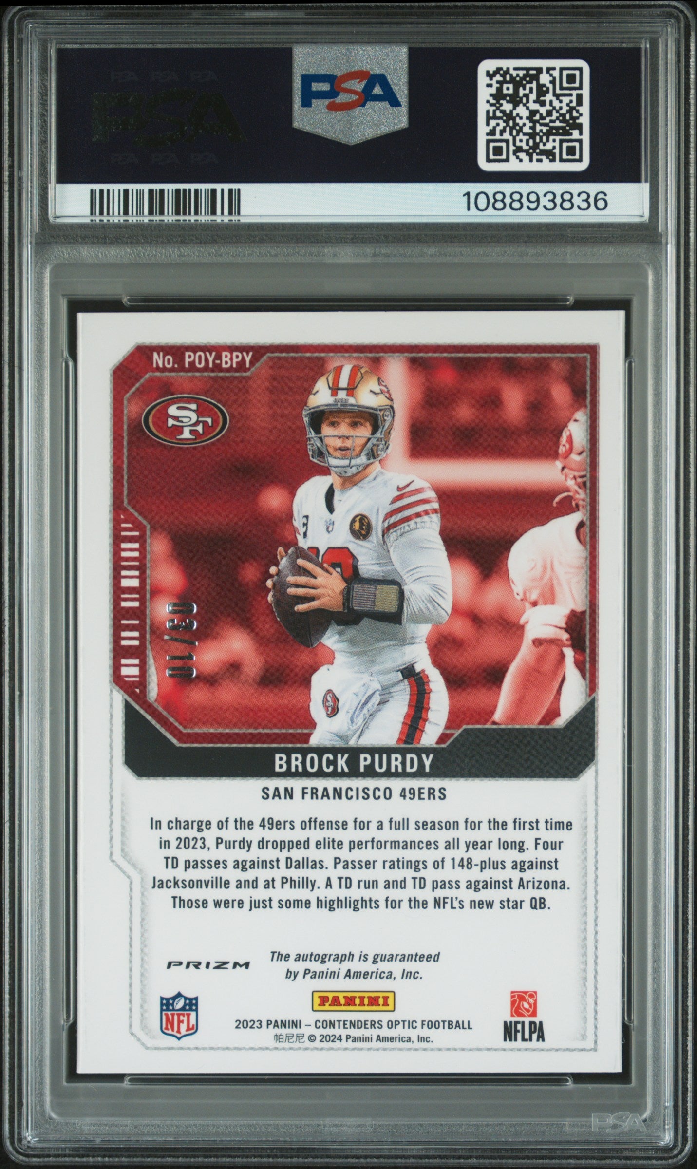 2023 Panini Contenders Optic Player Of The Year Contenders Autographs Brock Purdy #POYBPY Gold PSA 8