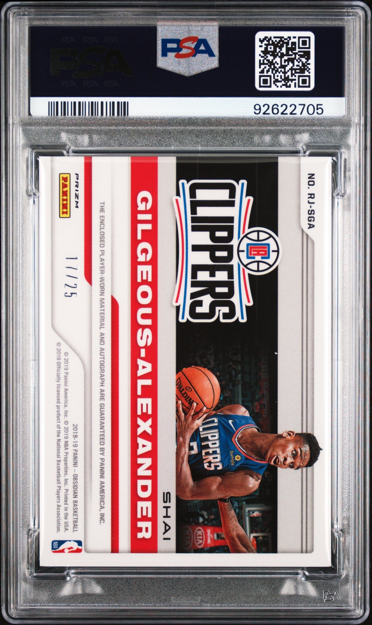 2018 Panini Obsidian Rookie Jersey Autographs S. Gilgeous-Alexander #SGA PSA 9