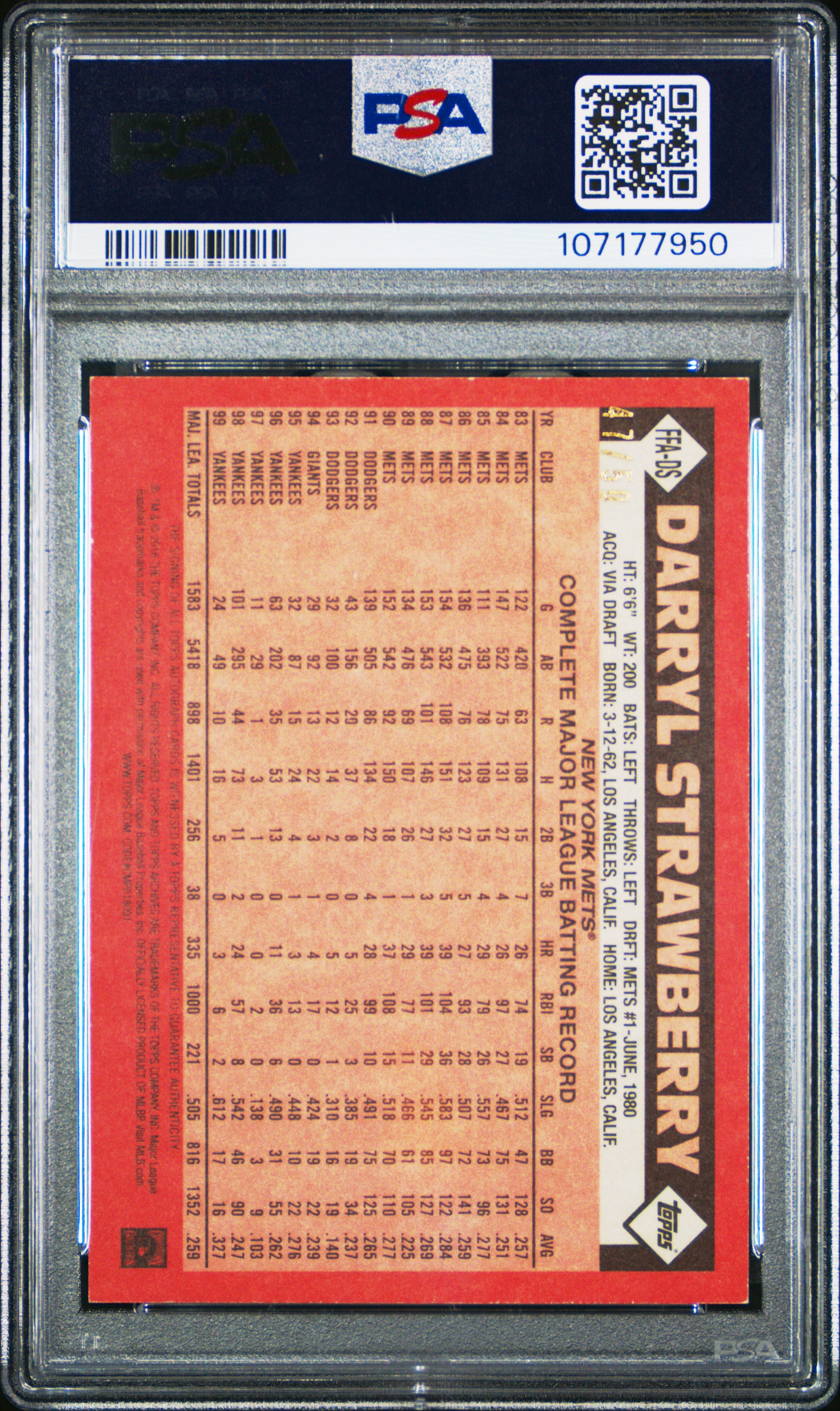 2016 Topps Archives Fan Favorites Autograph Darryl Strawberry #DS Autograph Red PSA 6