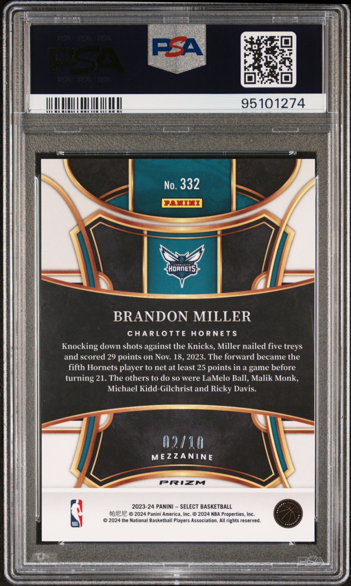 2023 Panini Select Brandon Miller #332 PSA 9