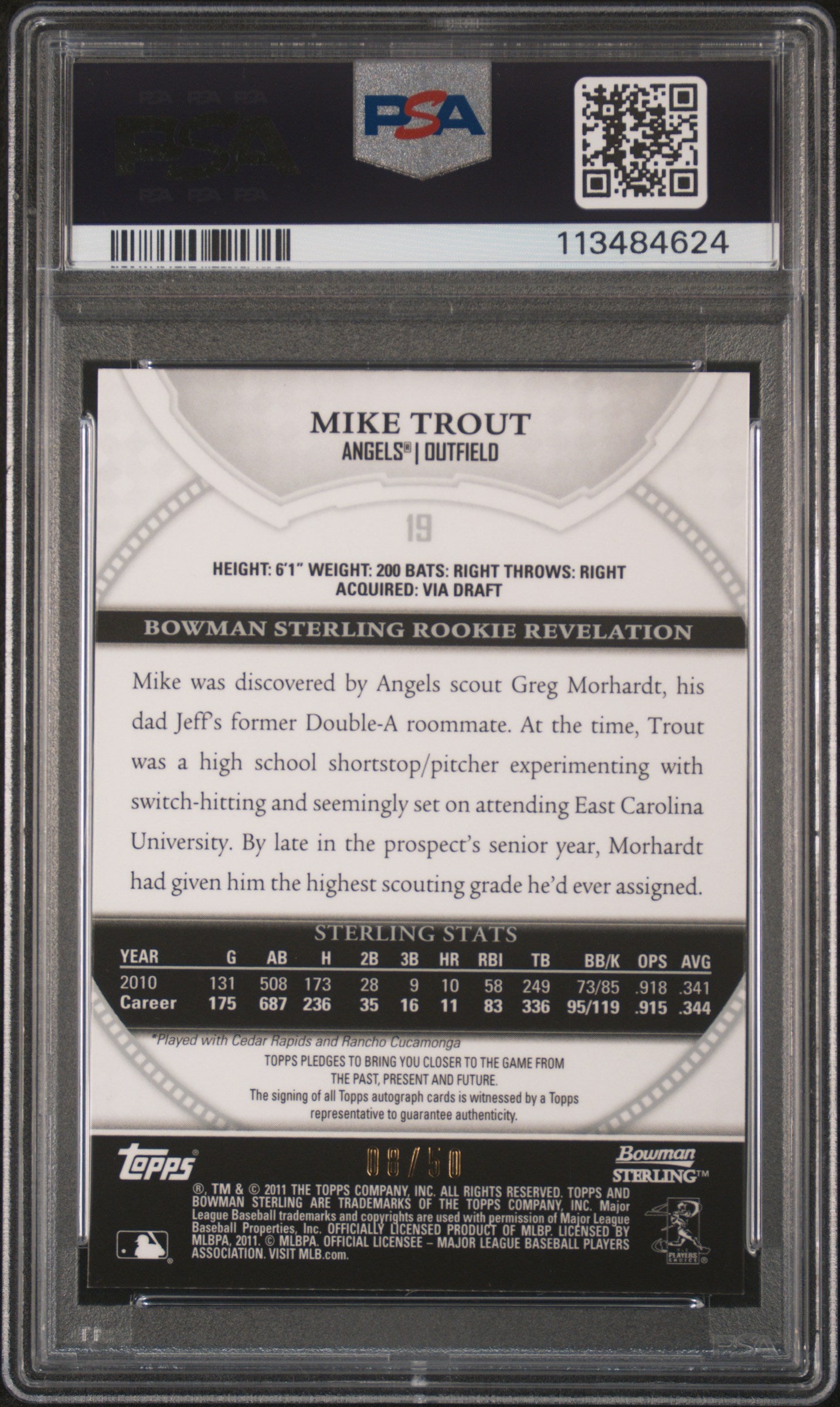 2011 Bowman Sterling Rookie Autographs Mike Trout #19 RKE. Auto Gold Refractor PSA 9