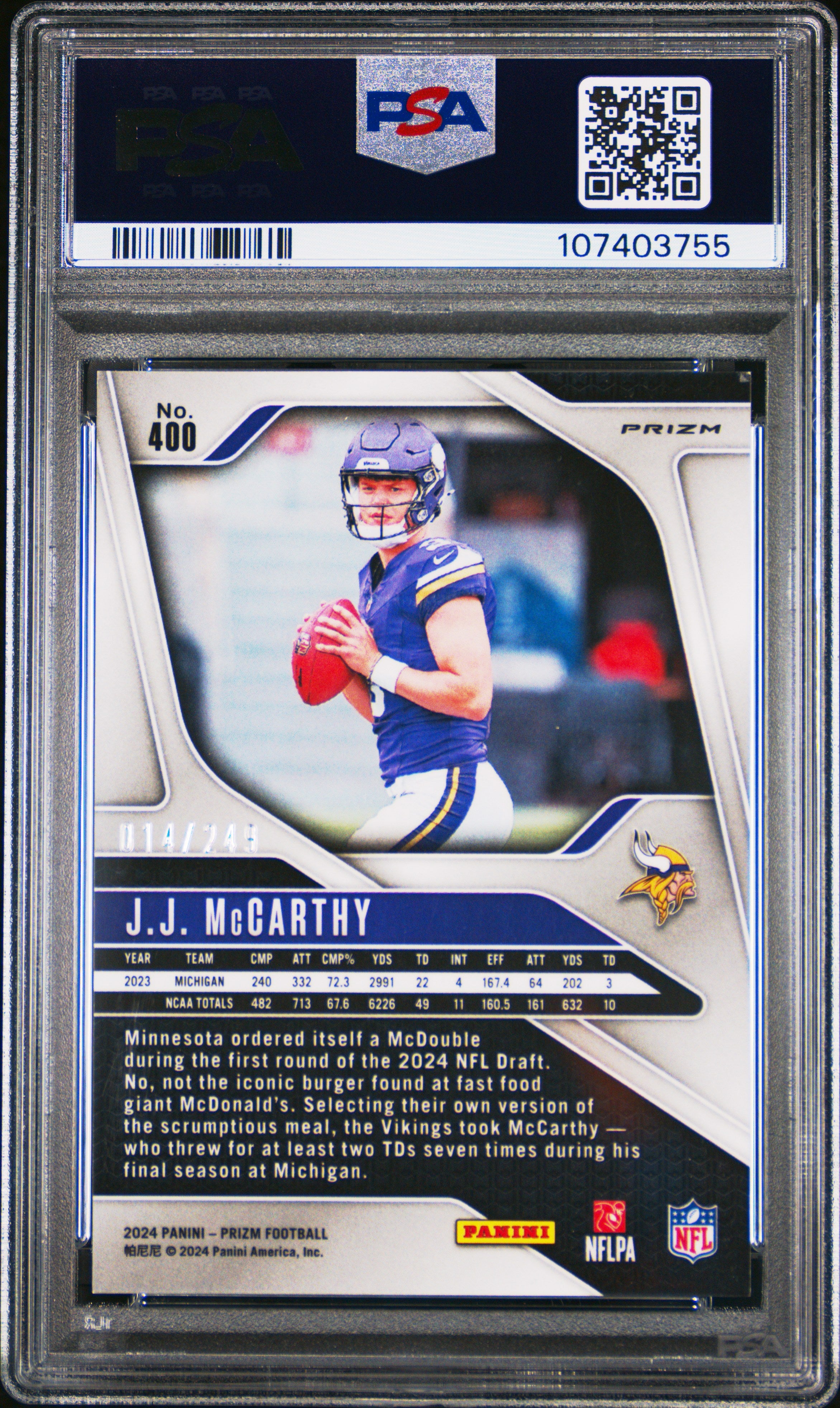 2024 Panini Prizm JJ Mccarthy #400 Orange PSA 9