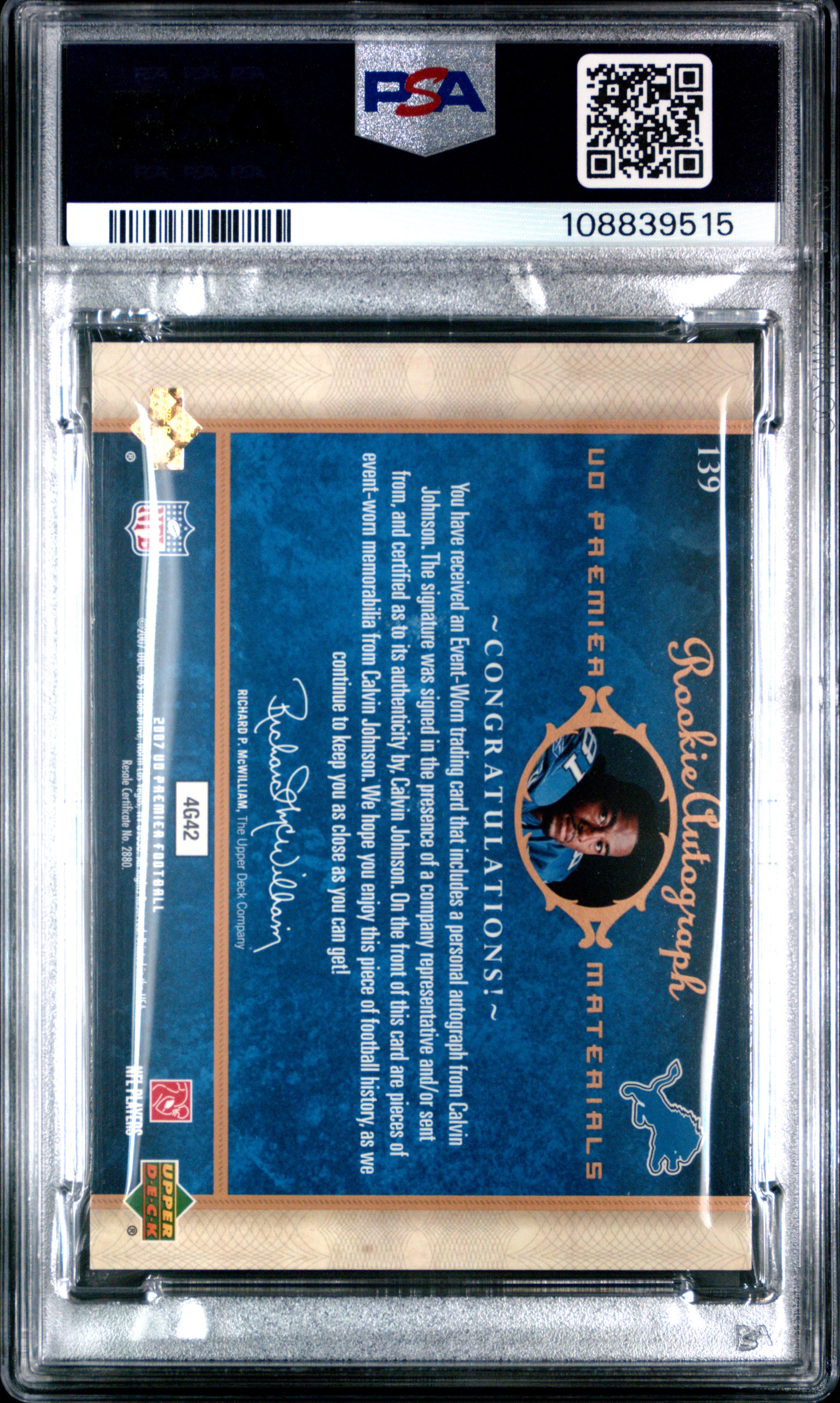 2007 Upper Deck Premier Calvin Johnson #139 Signed Jersey Bronze 077/125 PSA 7