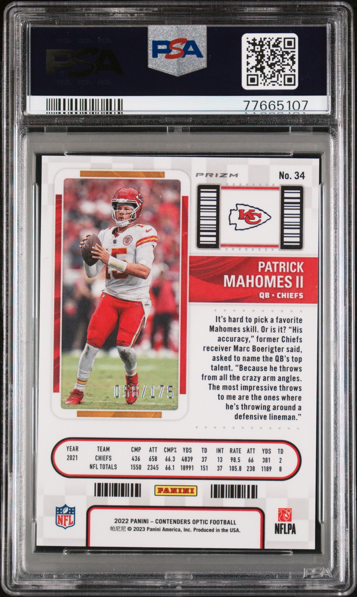 2022 Panini Contenders Optic Patrick Mahomes II #34 Red PSA 10