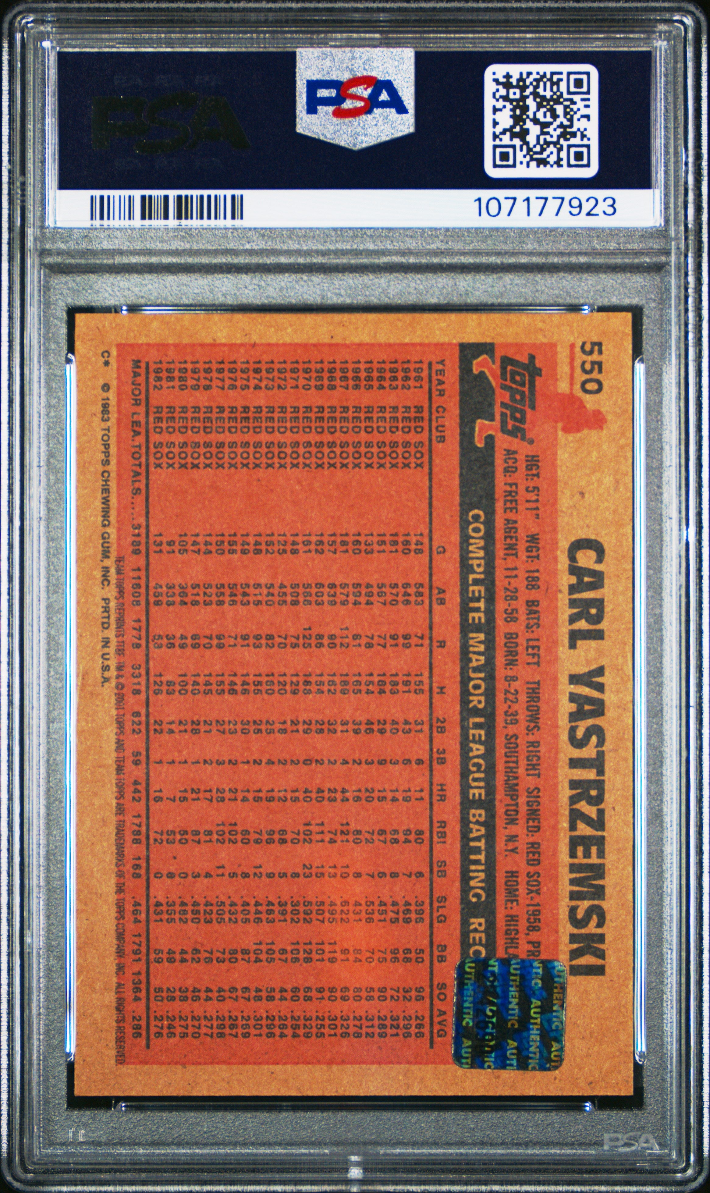 2001 Topps Team Topps Legends Autograph Carl Yastrzemski #TT8F PSA 7