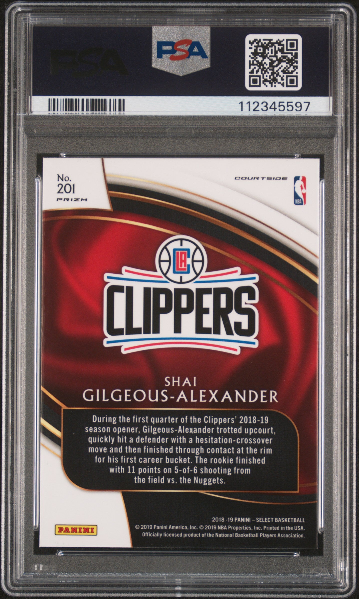 2018 Panini Select S. Gilgeous-Alexander #201 Zebra Prizm PSA 10