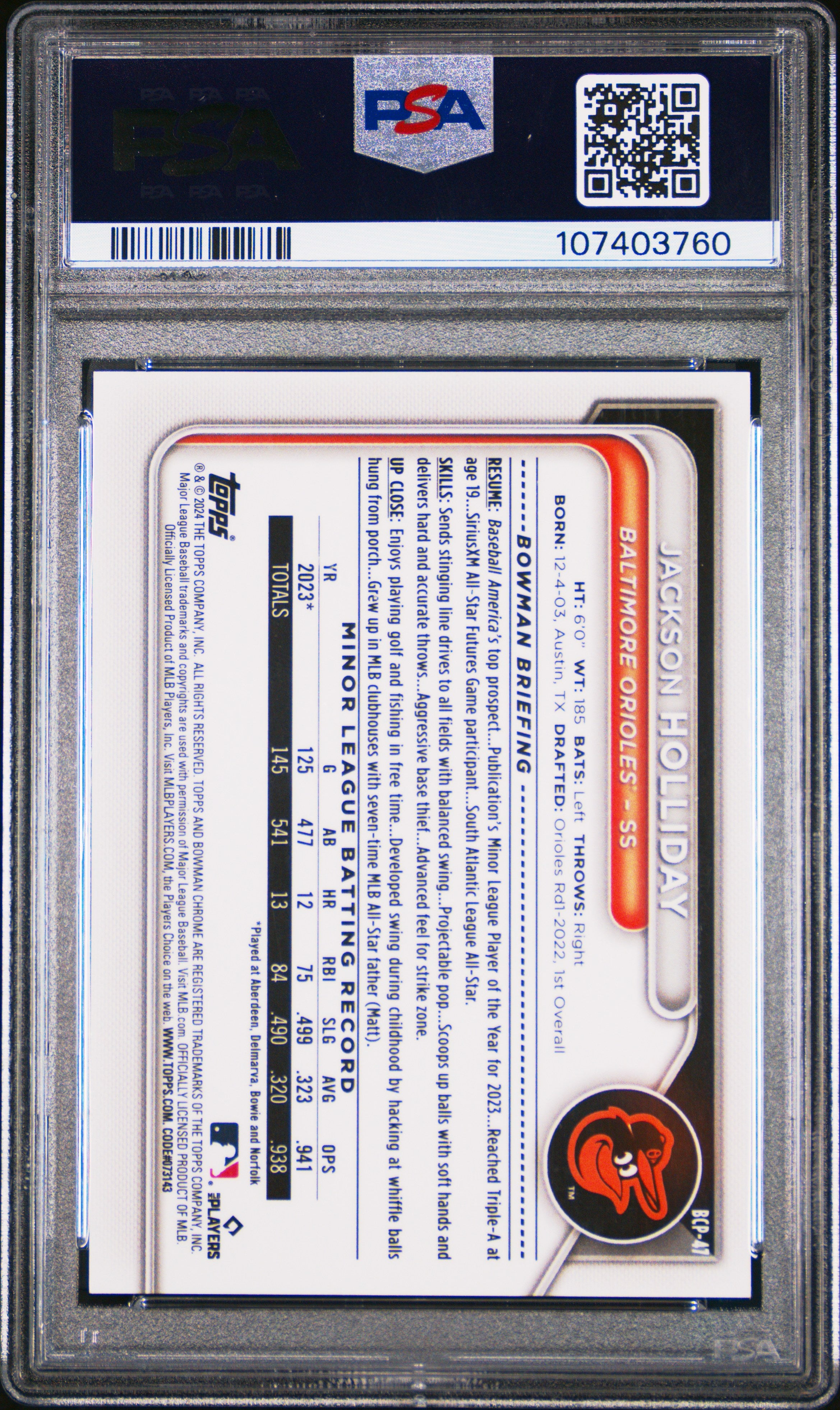 2024 Bowman Chrome Prospects Jackson Holliday #BCP47 Red Lava 2/5 PSA 10