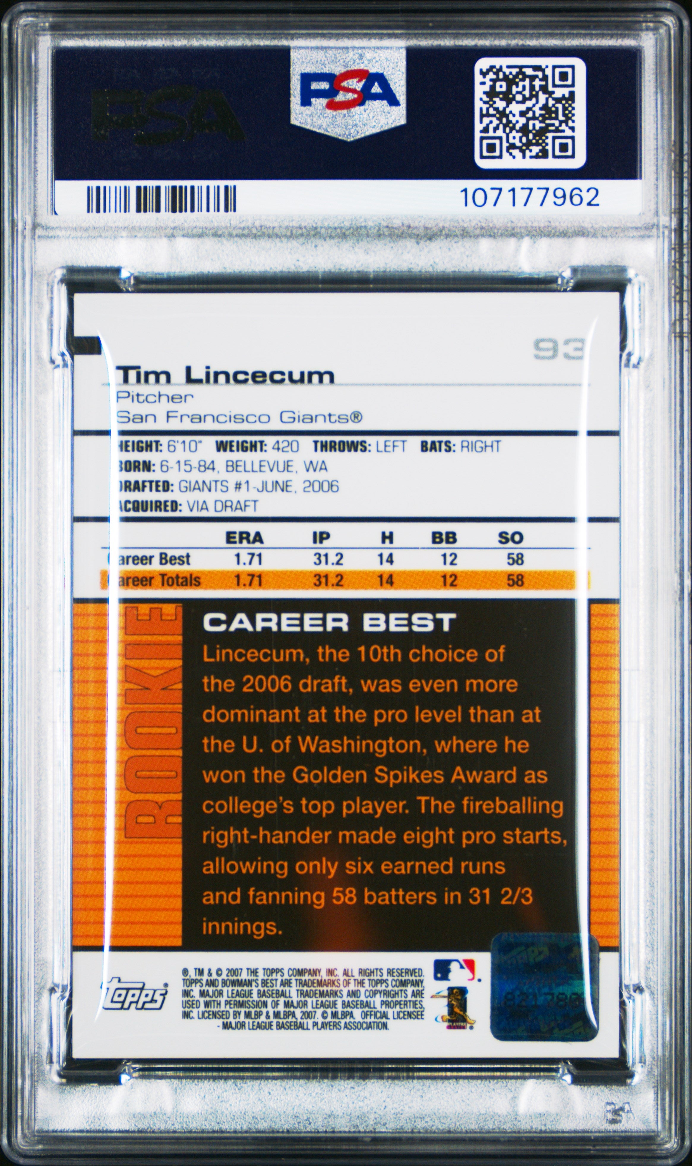 2007 Bowman's Best Tim Lincecum #93 Autograph PSA 5