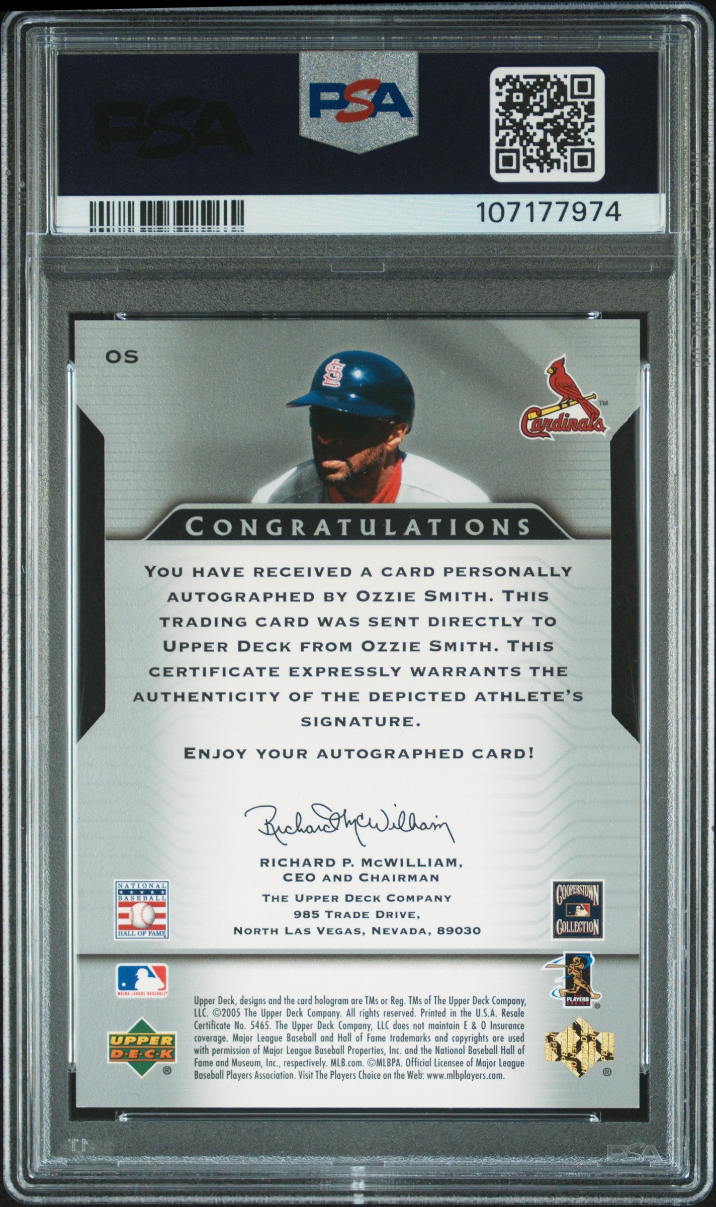 2005 Upper Deck Signature Sensations Ozzie Smith #OS SIG. Die Cut 07/10 PSA 8