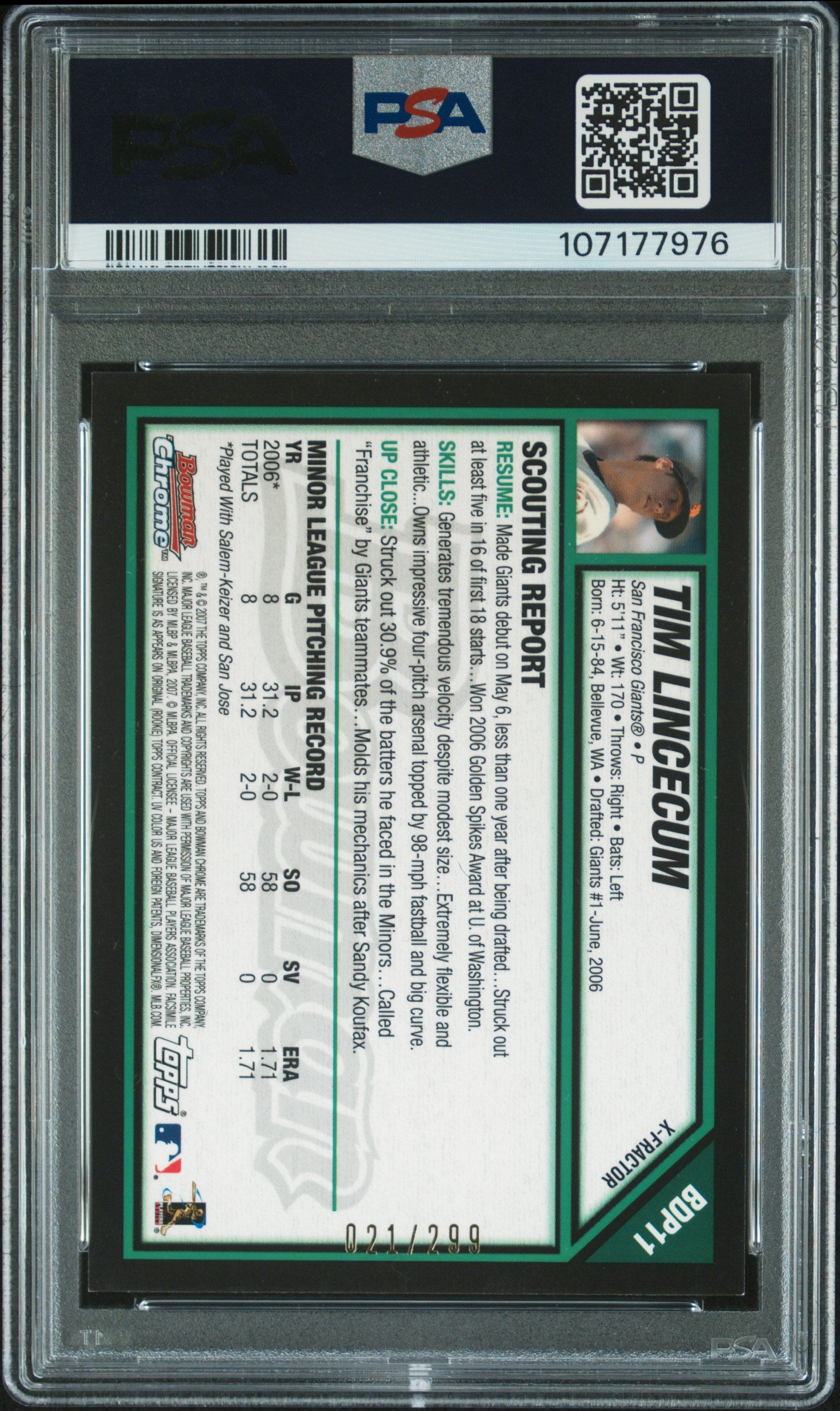 2007 Bowman Chrome Draft Picks Tim Lincecum #BDP11 Xfractor PSA 8