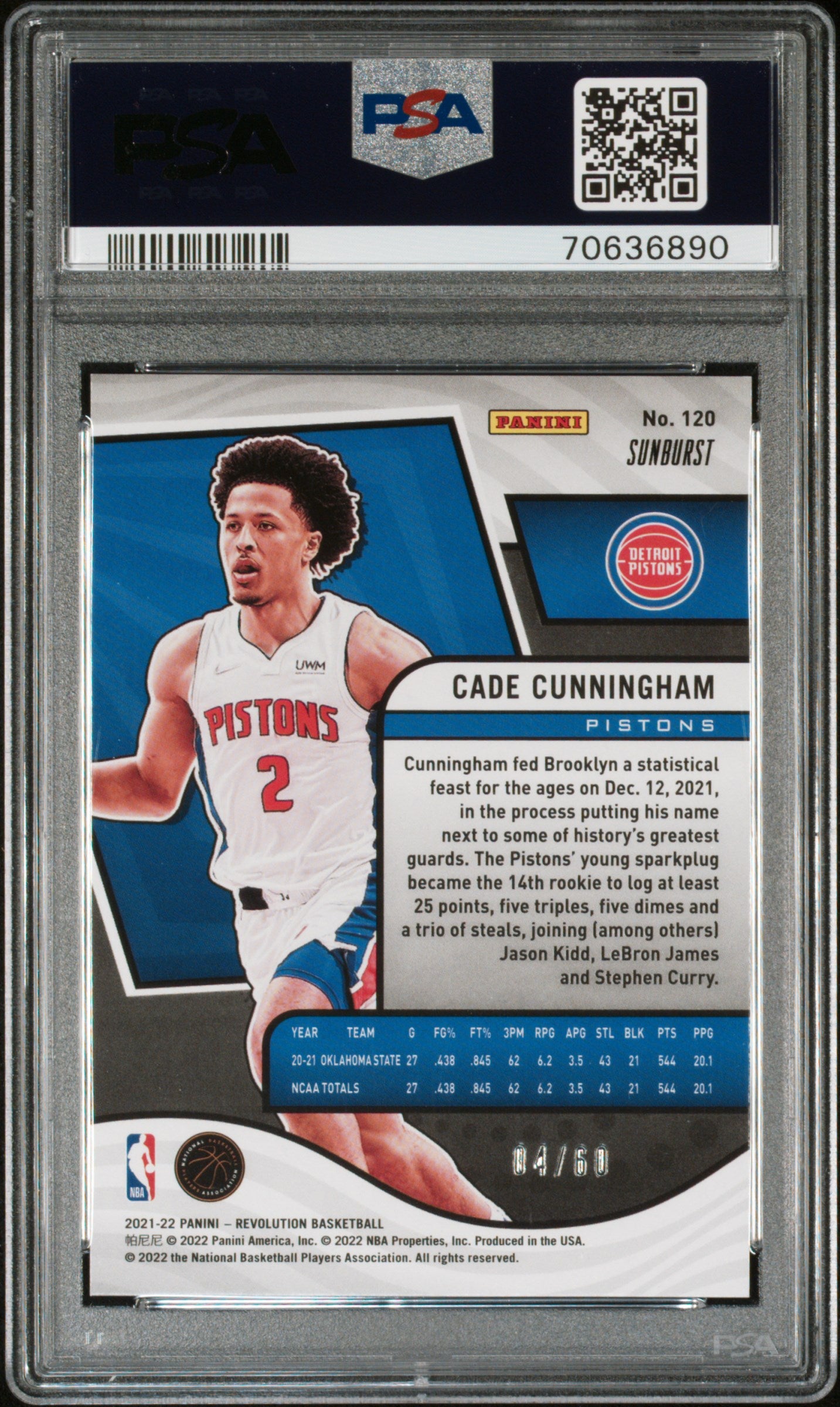 2021 Panini Revolution Cade Cunningham #120 Sunburst PSA 10