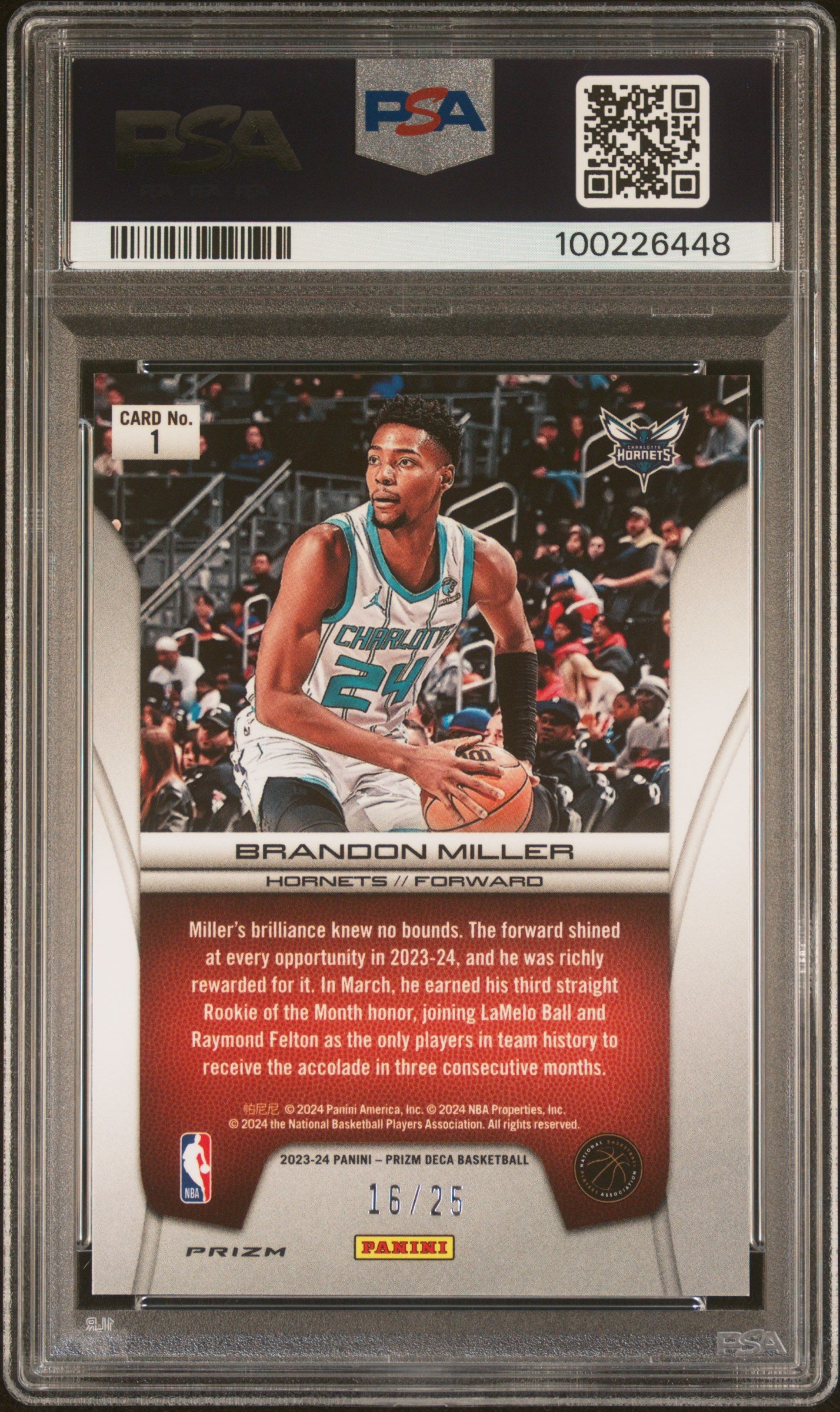 2023 Panini Prizm Deca Brilliance Brandon Miller #1 PSA 9