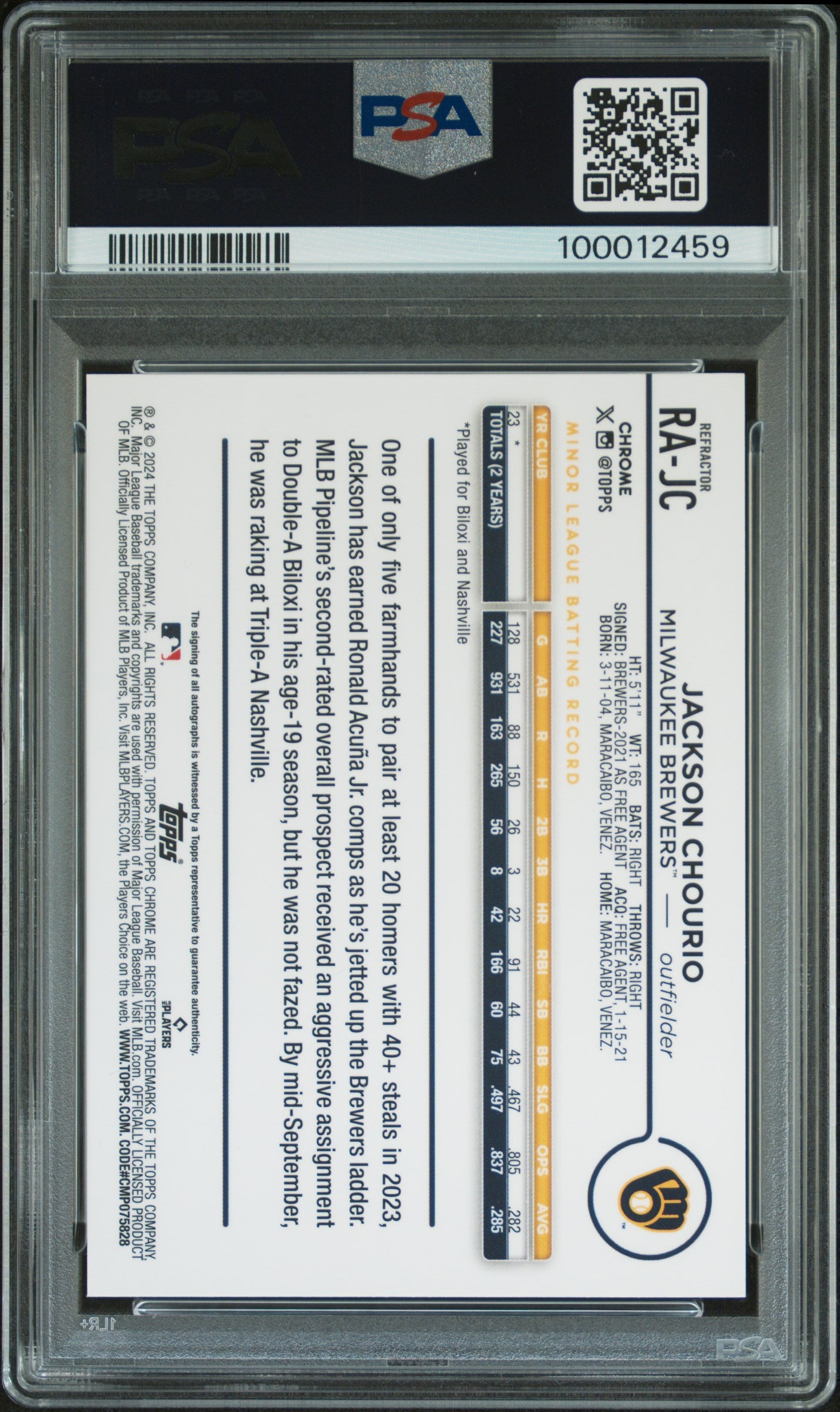 2024 Topps Chrome Rookie Autographs Jackson Chourio #RAJC Refractor 234/499 PSA 9