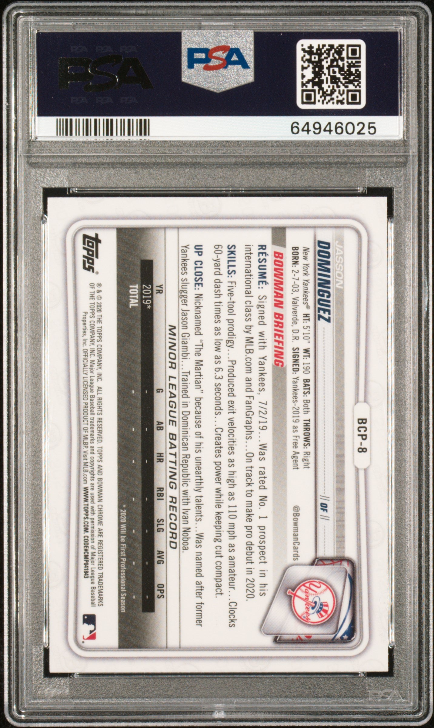 2020 Bowman Chrome Sapphire Edition Jasson Dominguez #BCP8 PSA 10