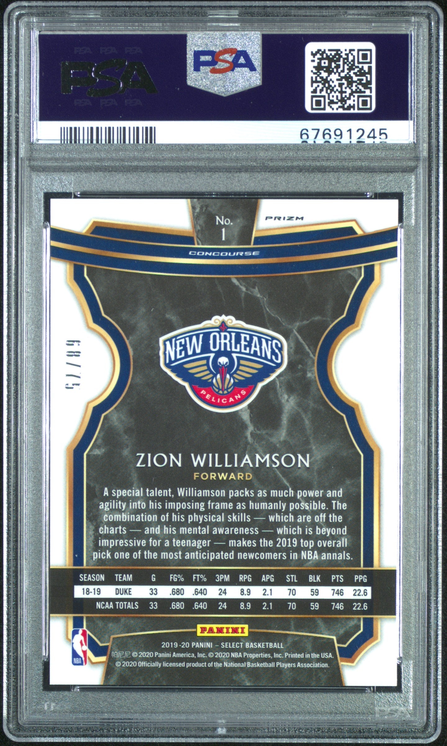 2019 Panini Select Zion Williamson #1 Neon Green Prizm PSA 10