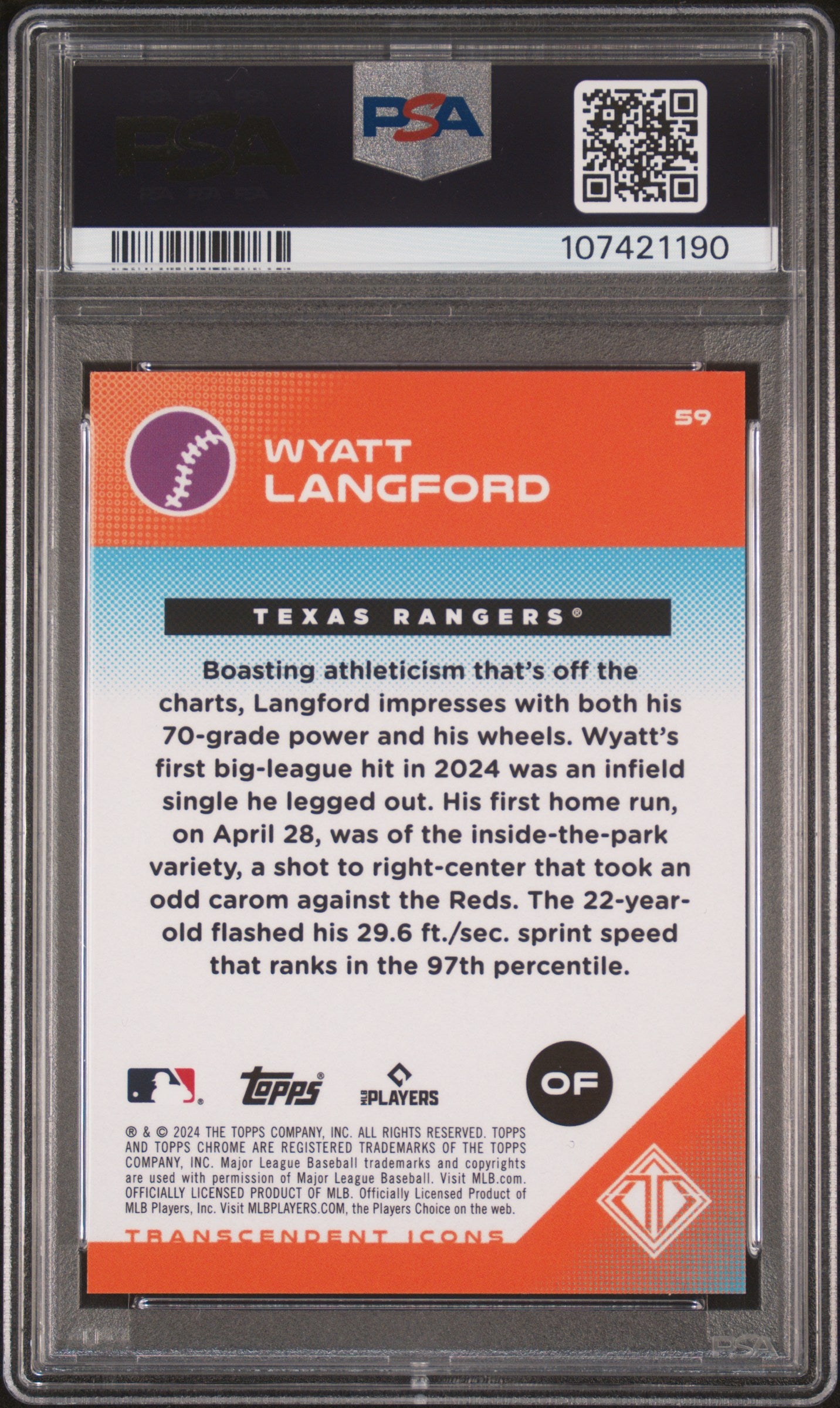 2024 Topps Transcendent Collection Transcendent Icons Chrome Wyatt Langford #59 Image Var Super 1/1 PSA 9