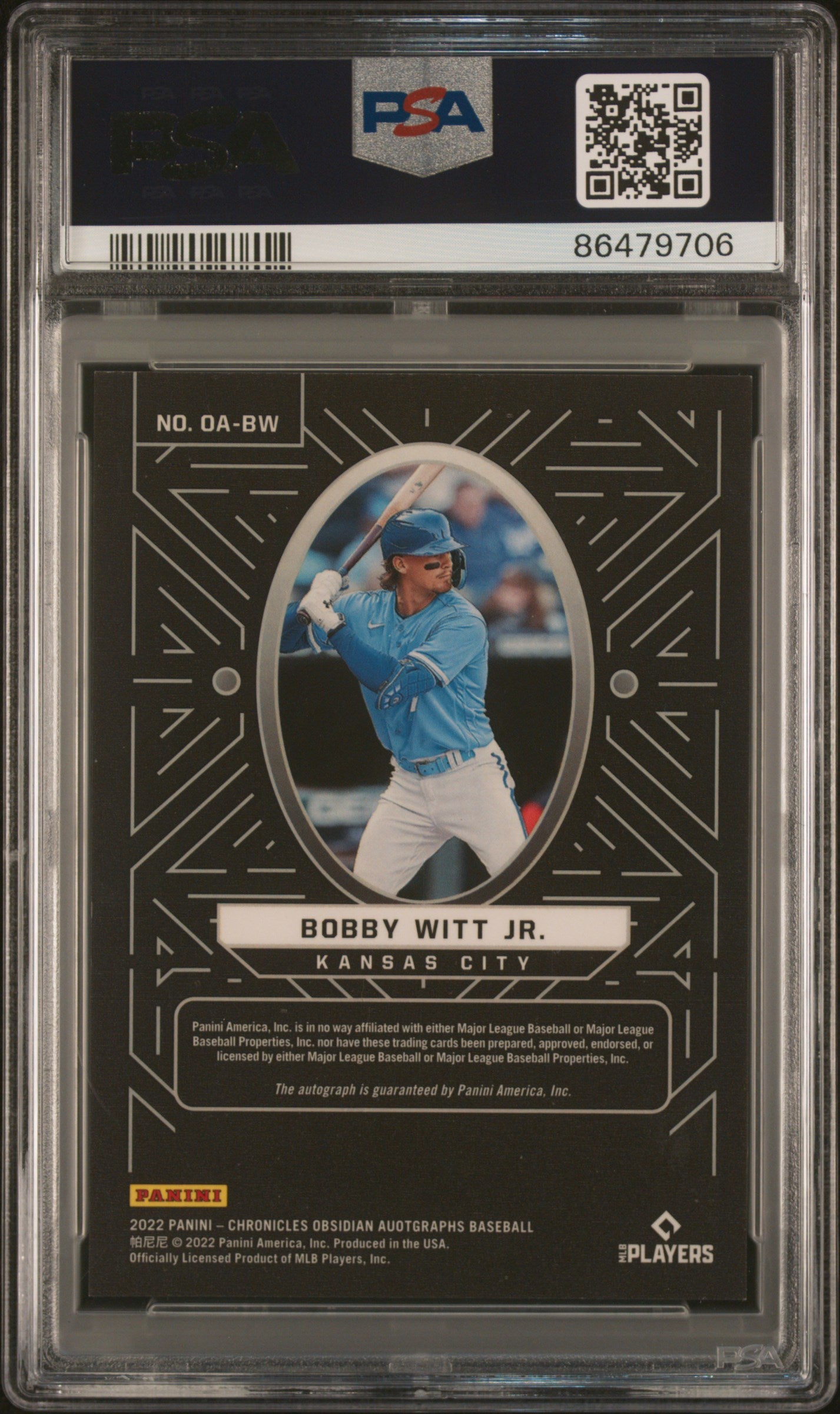 2022 Panini Chronicles Obsidian Autographs Bobby Witt JR. #OABW Obsdn. Au E E Crln. Blue PSA 9
