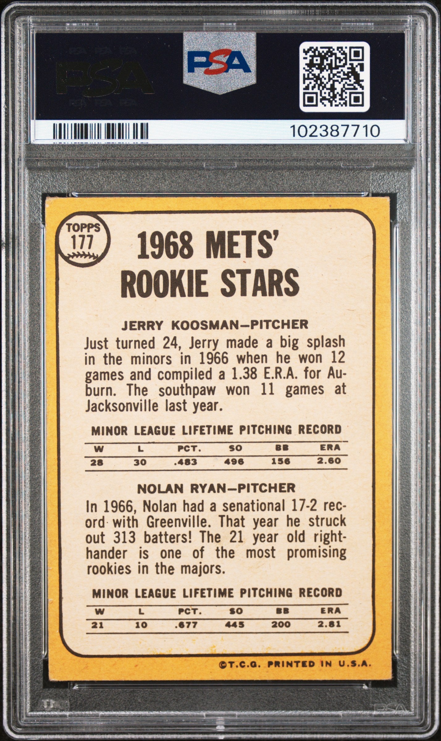 1968 Topps Mets Rookies #177 J. Koosman N. Ryan PSA 2