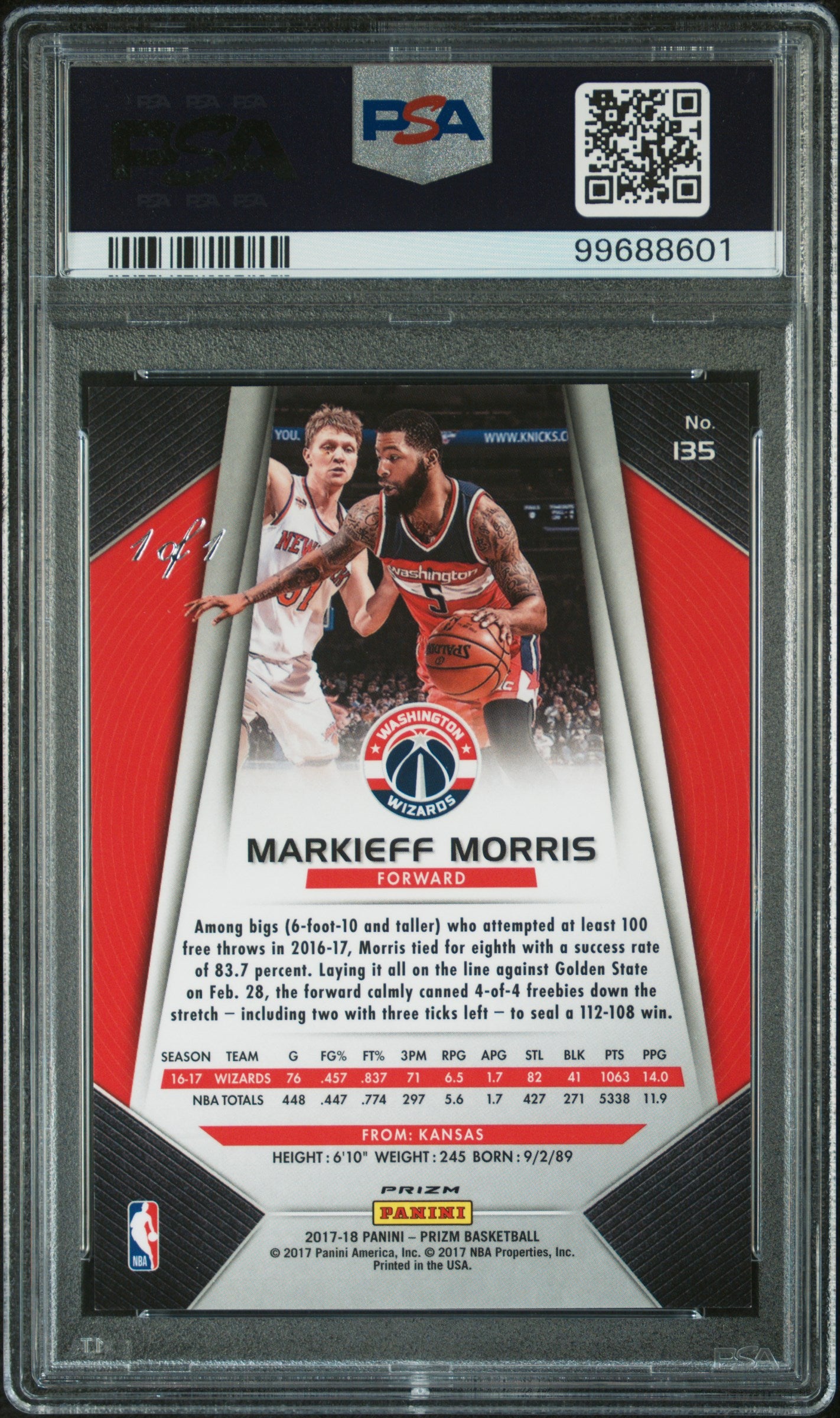 2017 Panini Prizm Markieff Morris #135 PSA 9