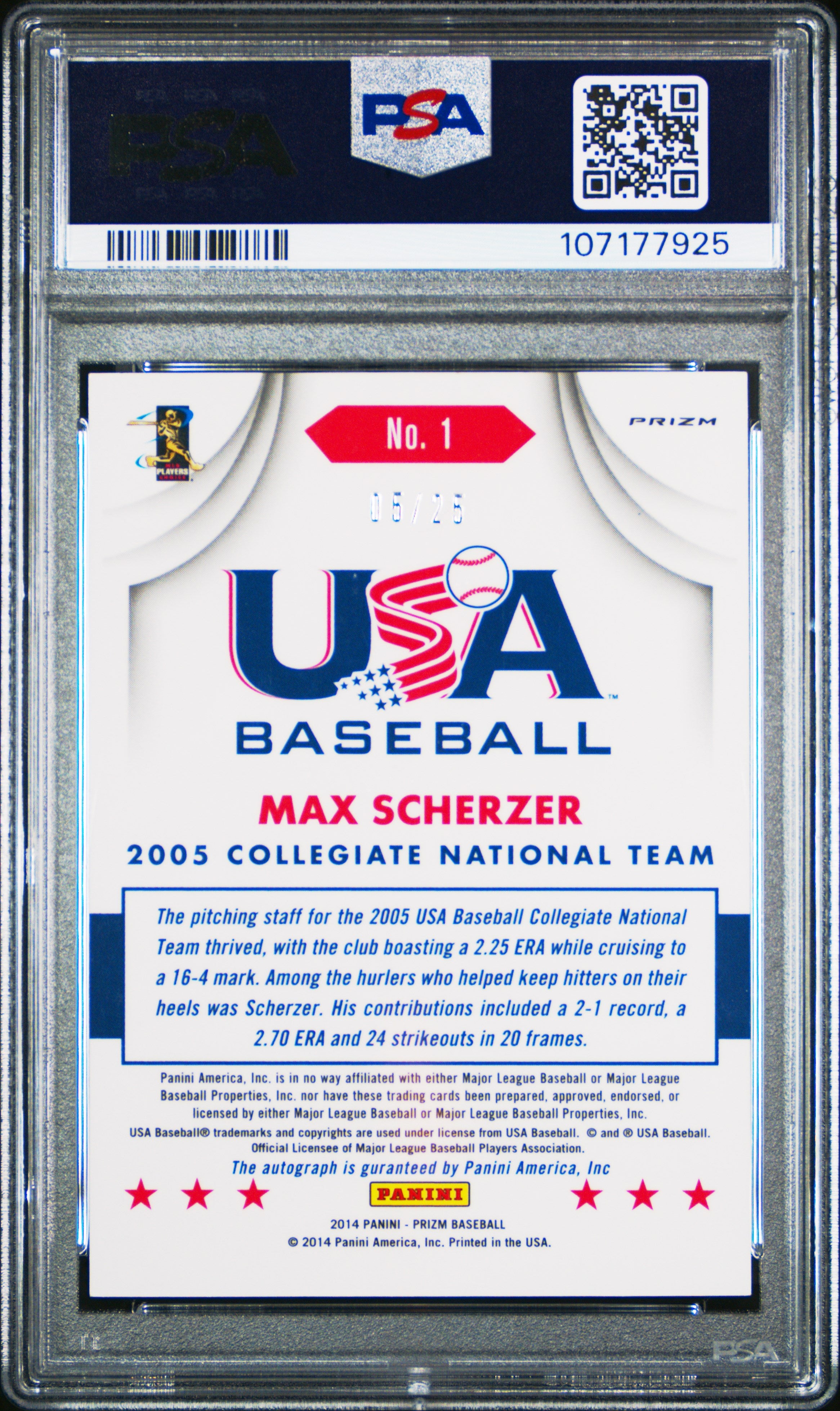 2014 Panini Prizm Usa Baseball Max Scherzer #1 SIG. PSA 8
