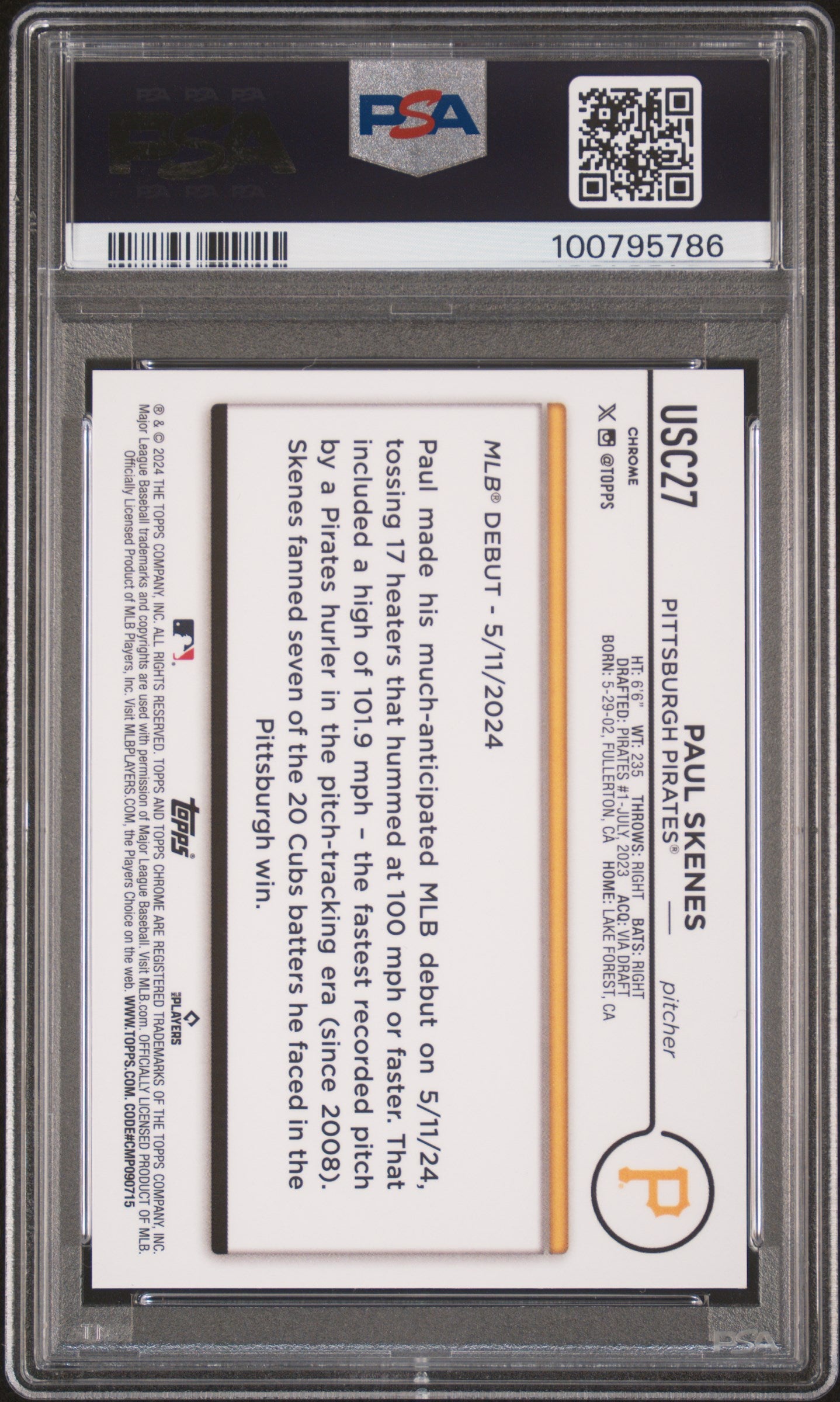2024 Topps Chrome Update Paul Skenes #USC27 Red Refractor PSA 10