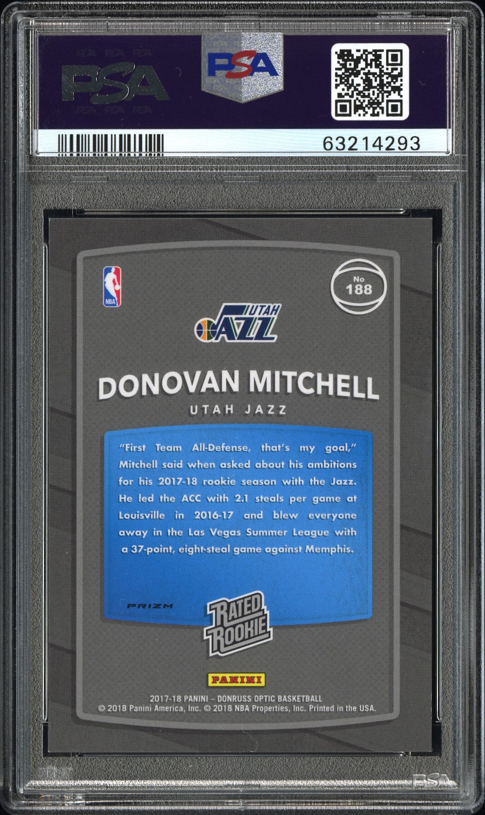 2017 Panini Donruss Optic Donovan Mitchell #188 White Sparkle PSA 9