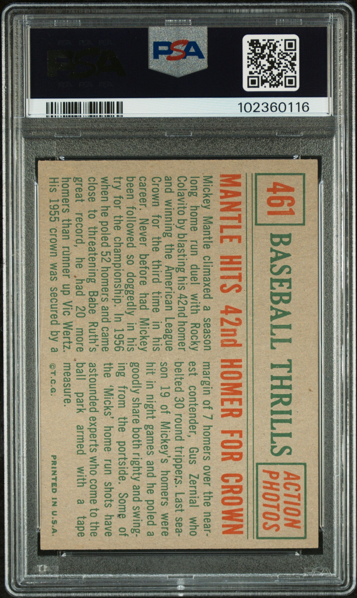 1959 Topps Mantle Hits 42nd #461 Homer For Crown PSA 7