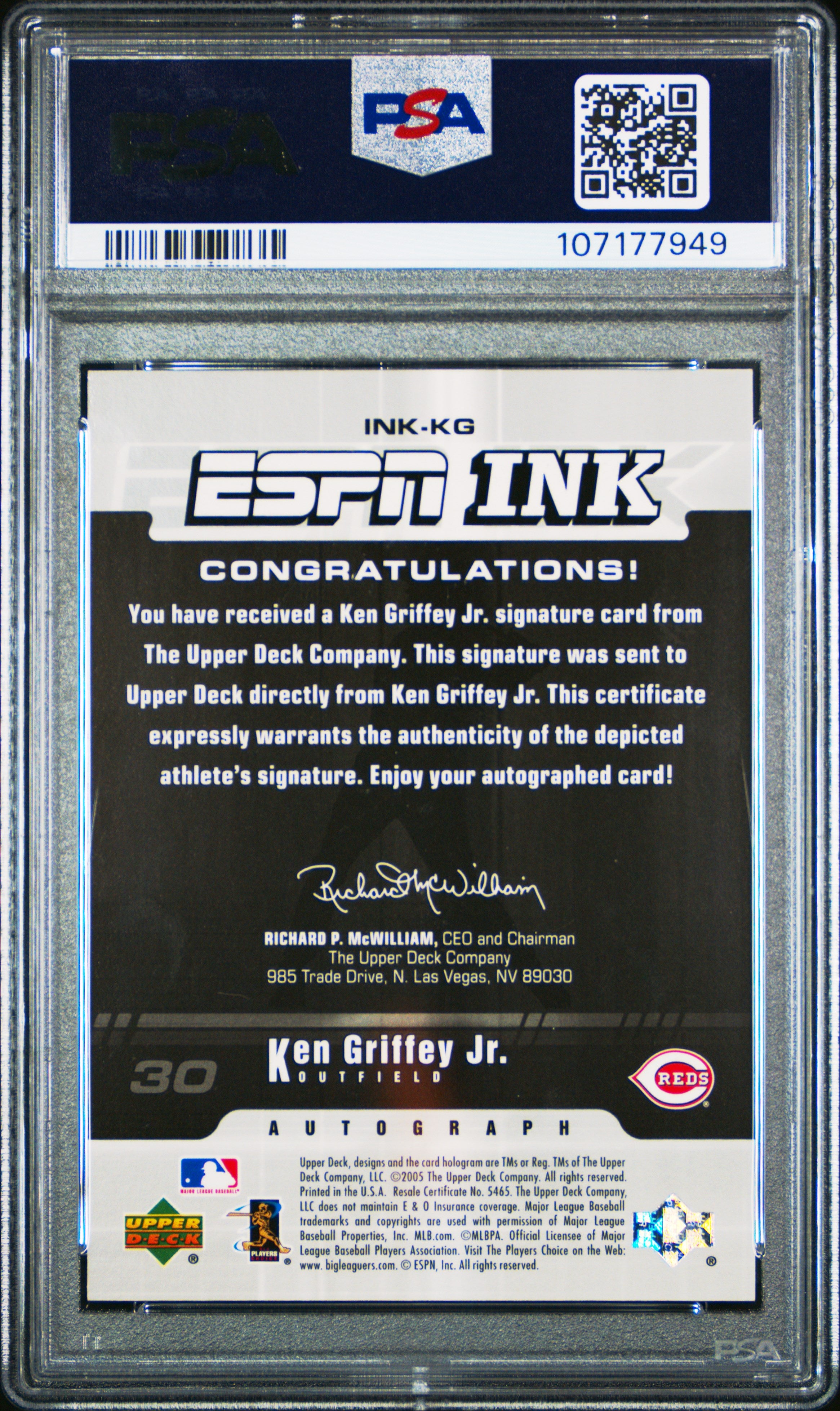 2005 Upper Deck Espn Ink Ken Griffey JR. #KG PSA 8