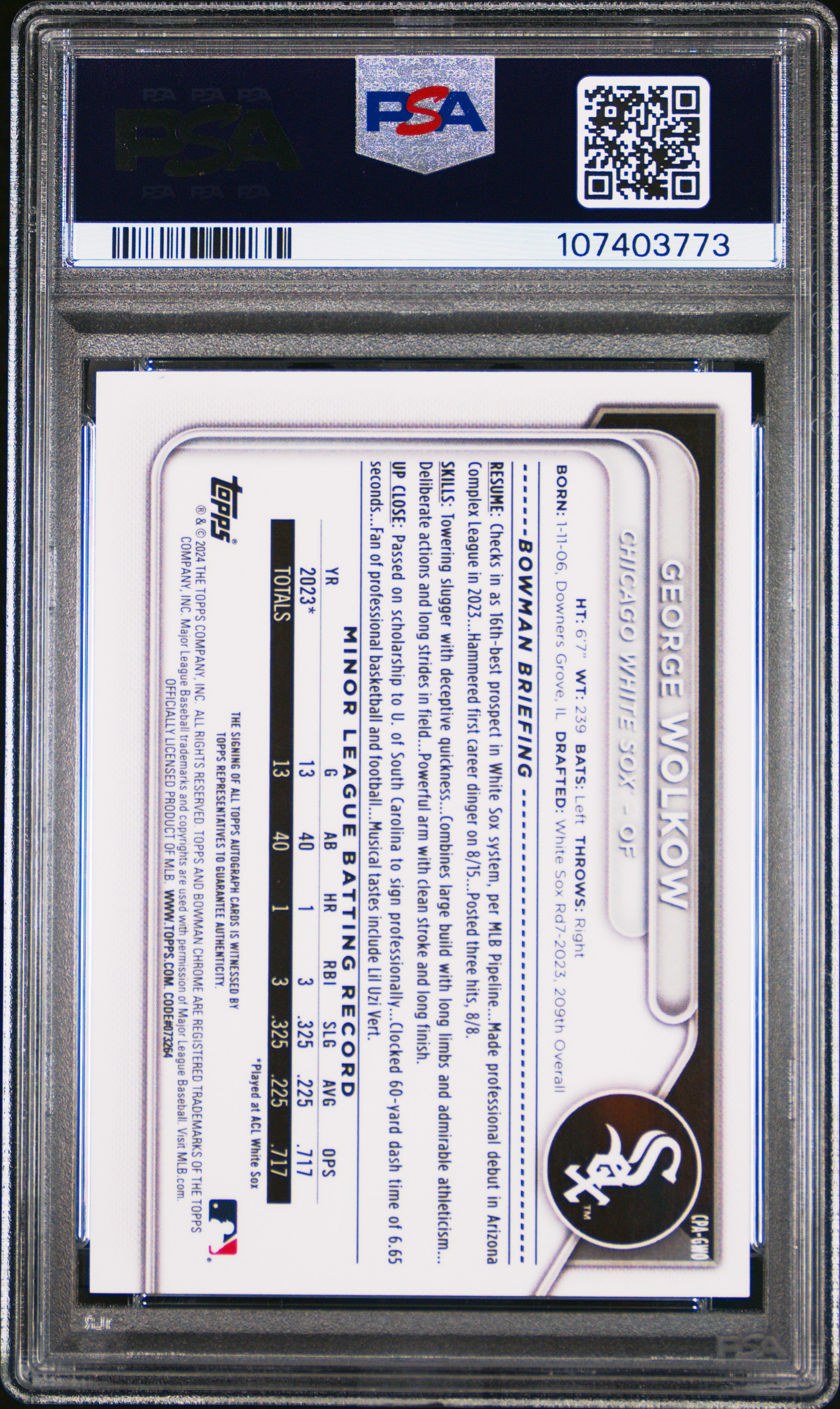 2024 Bowman Chrome Prospect Autographs George Wolkow #CPAGWO Blue Ref 085/150 PSA 9