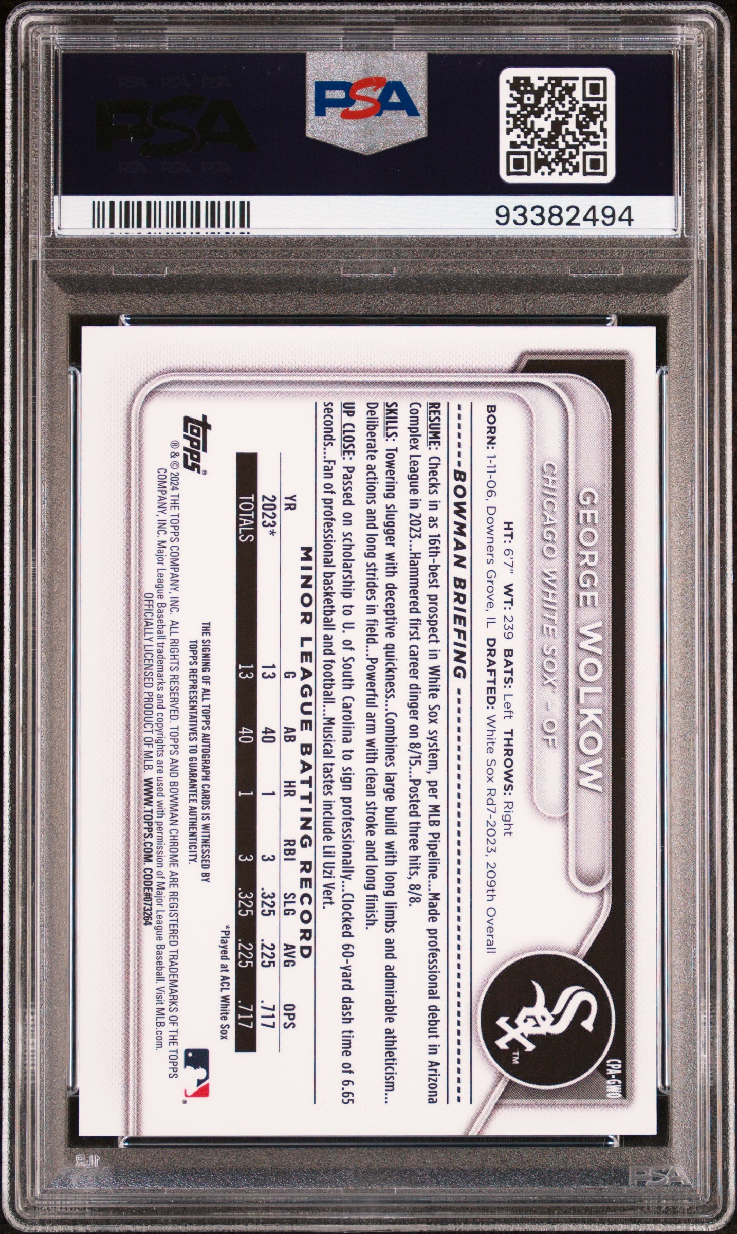 2024 Bowman Chrome Prospect Autographs George Wolkow #CPAGWO Blue Ref 027/150 PSA 9