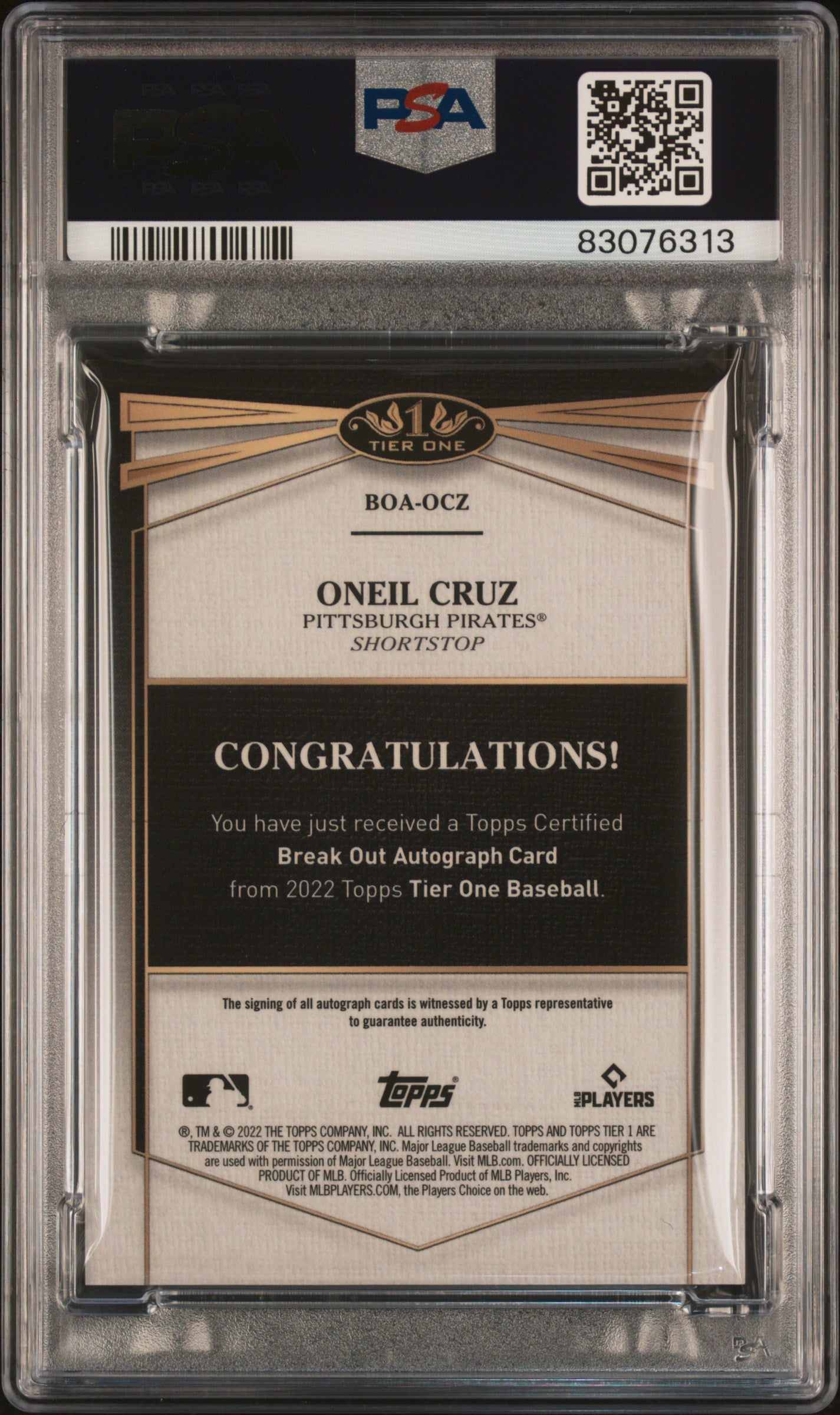 2022 Topps Tier One Break Out Autographs Oneil Cruz #BOAOCZ PSA 9