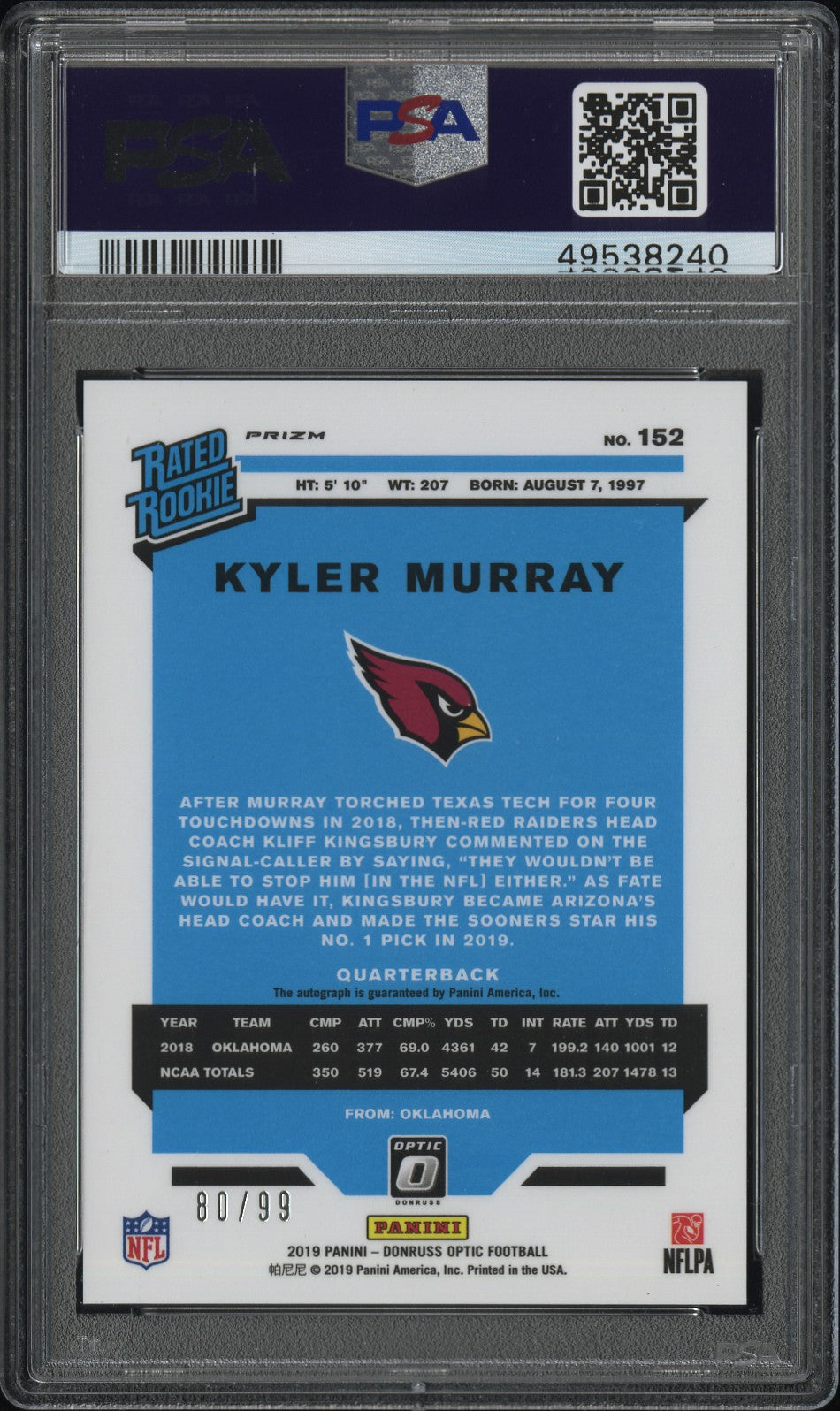 2019 Panini Donruss Optic Kyler Murray #152 Autograph Holo PSA 10