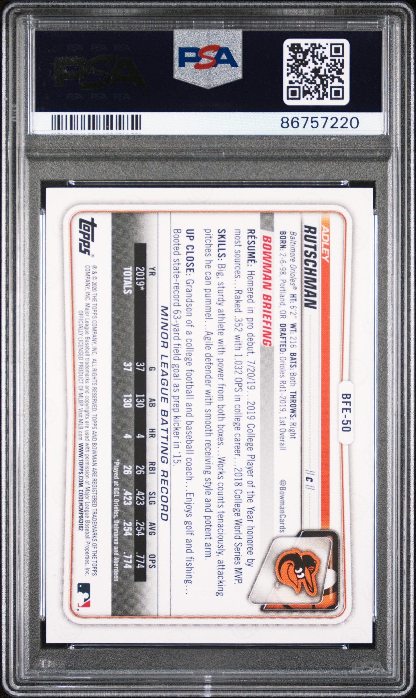 2020 Bowman 1ST Edition Adley Rutschman #BFE50 PSA 10