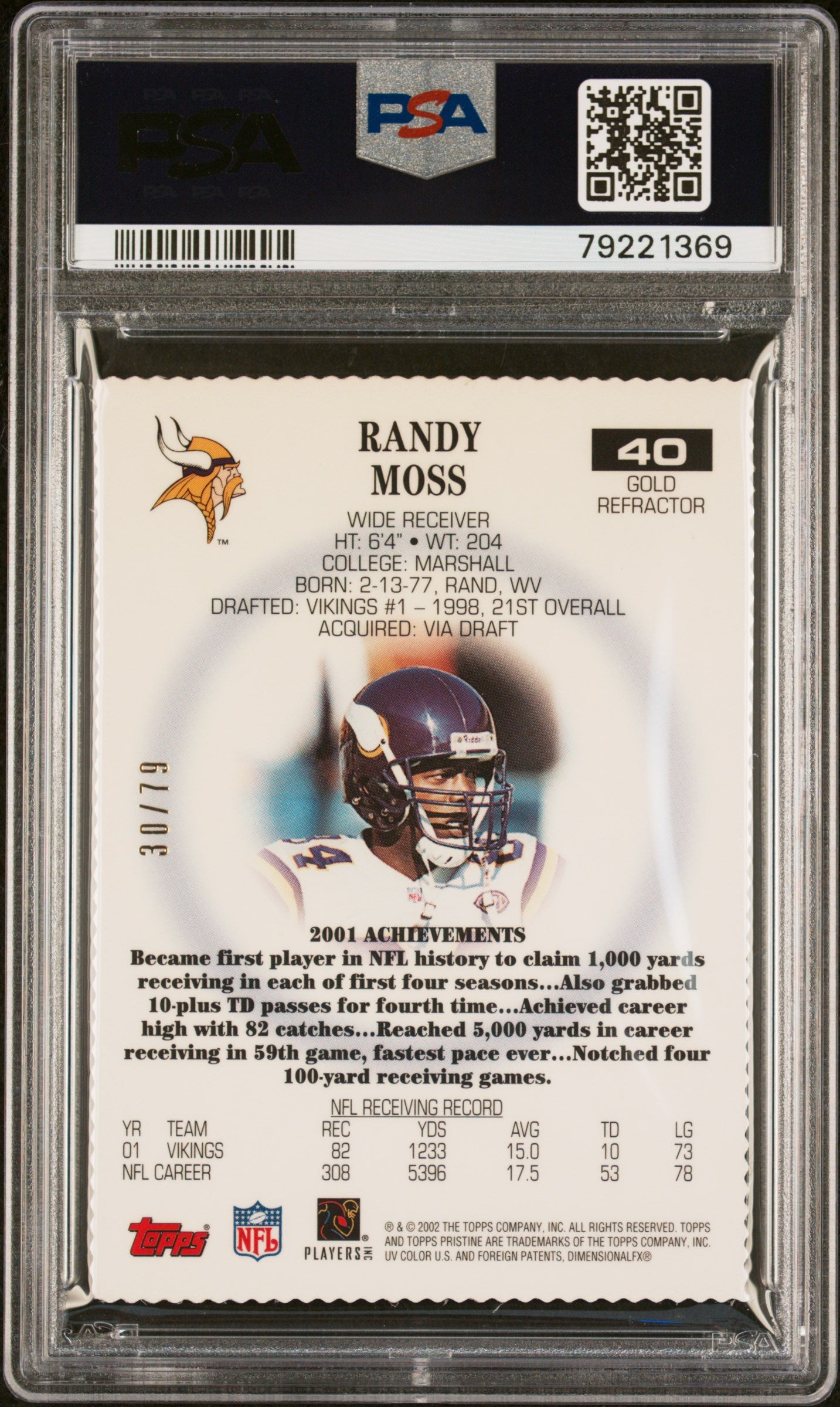 2002 Topps Pristine Randy Moss #40 Gold Refractor PSA 8