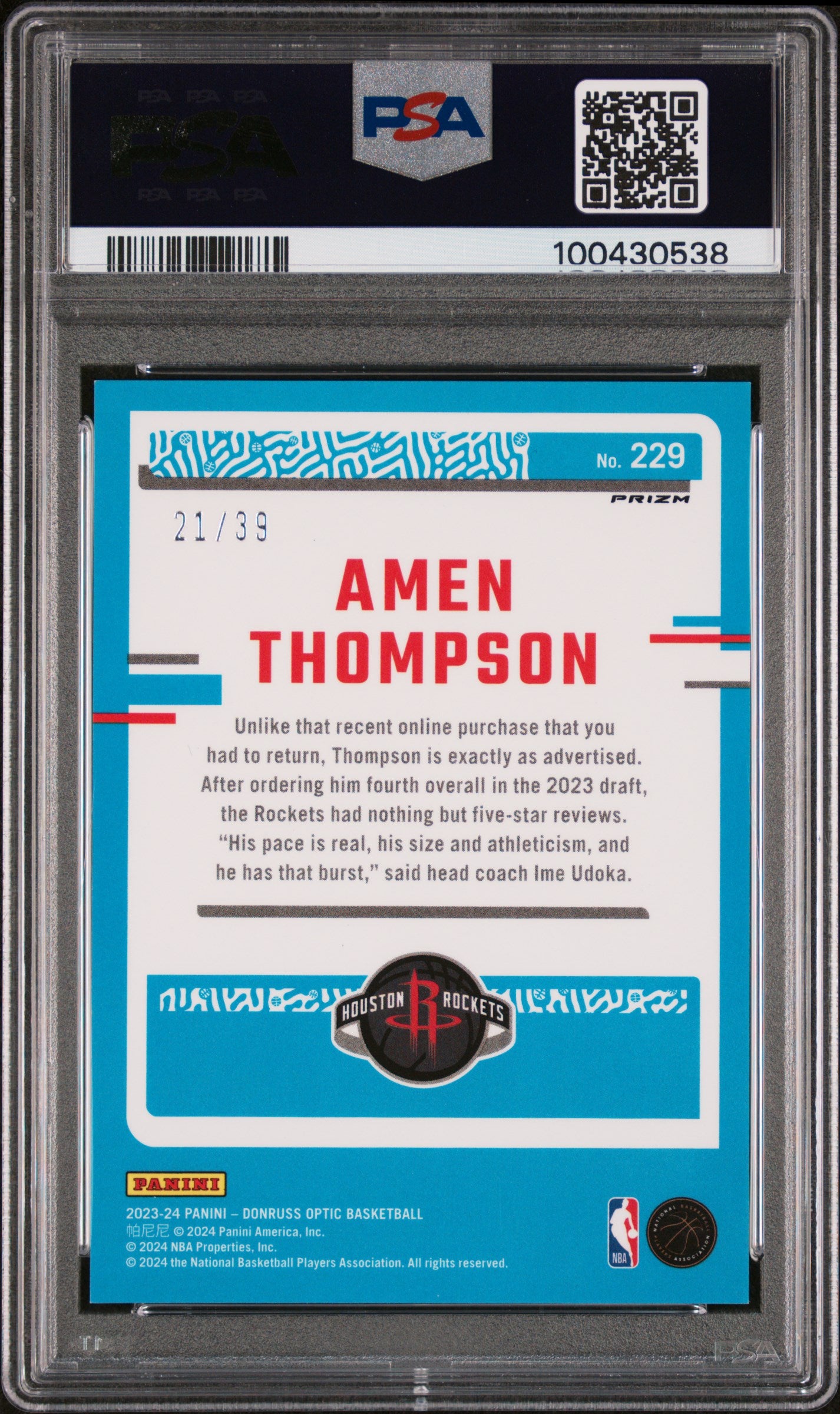 2023 Panini Donruss Optic Amen Thompson #229 Black Velocity PSA 9