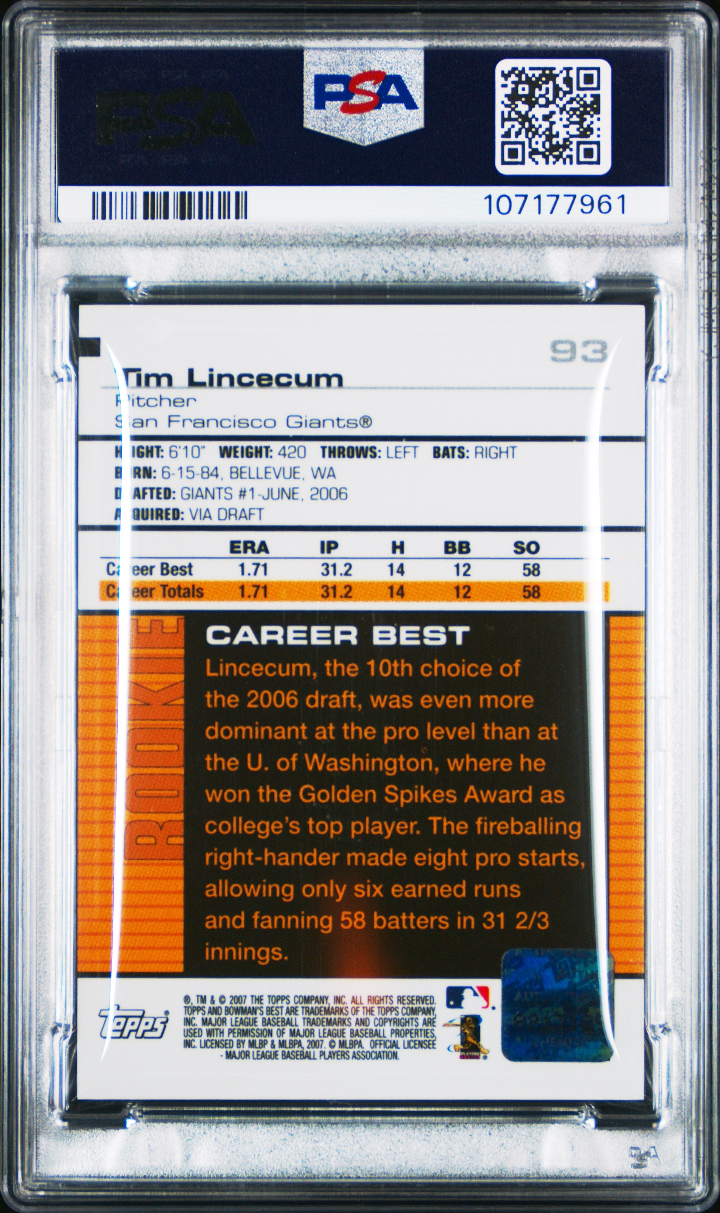 2007 Bowman's Best Tim Lincecum #93 Autograph PSA 7