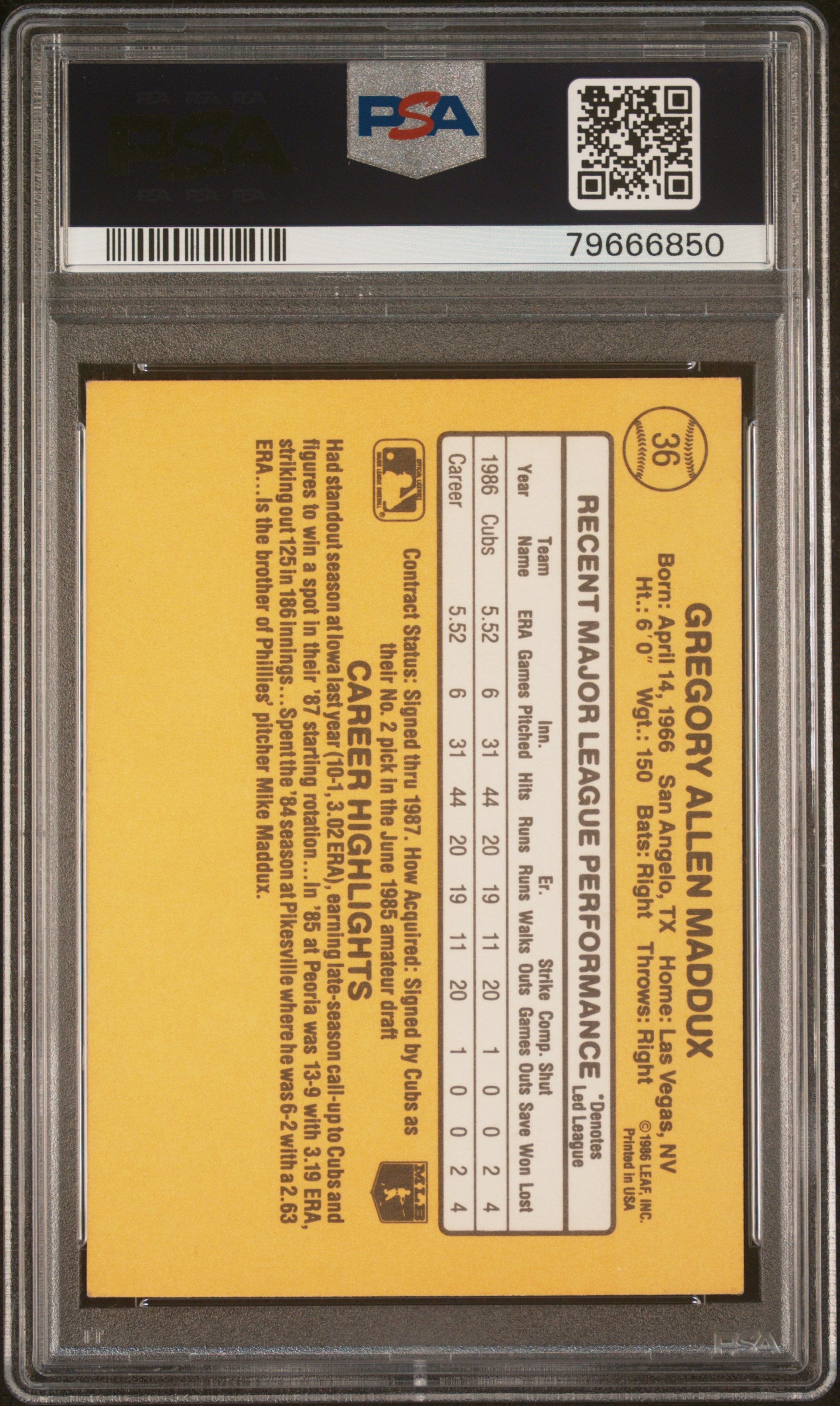 1987 Donruss Greg Maddux #36 PSA A