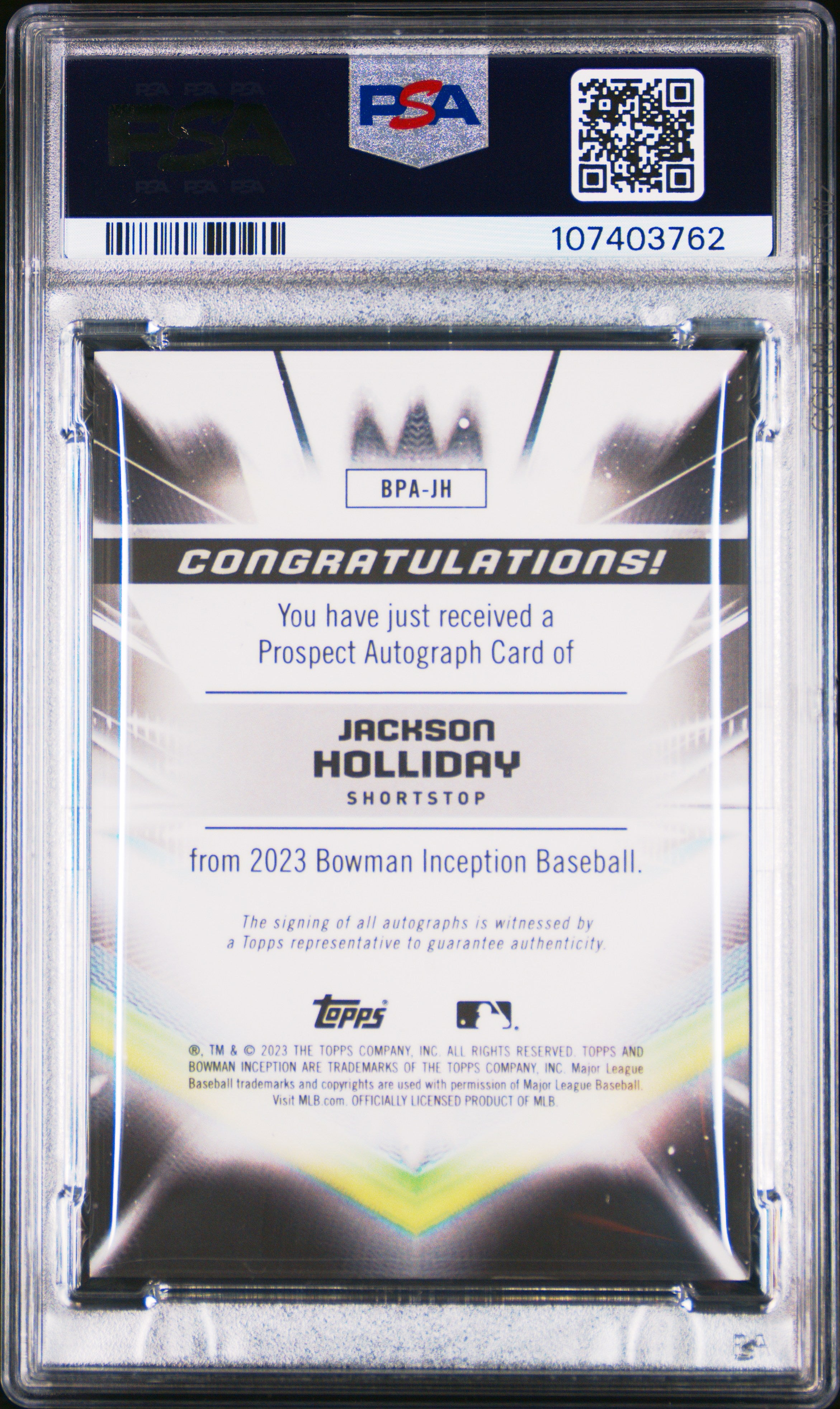 2023 Bowman Inception Autographs Jackson Holliday #BPAJH 011/200 PSA 9