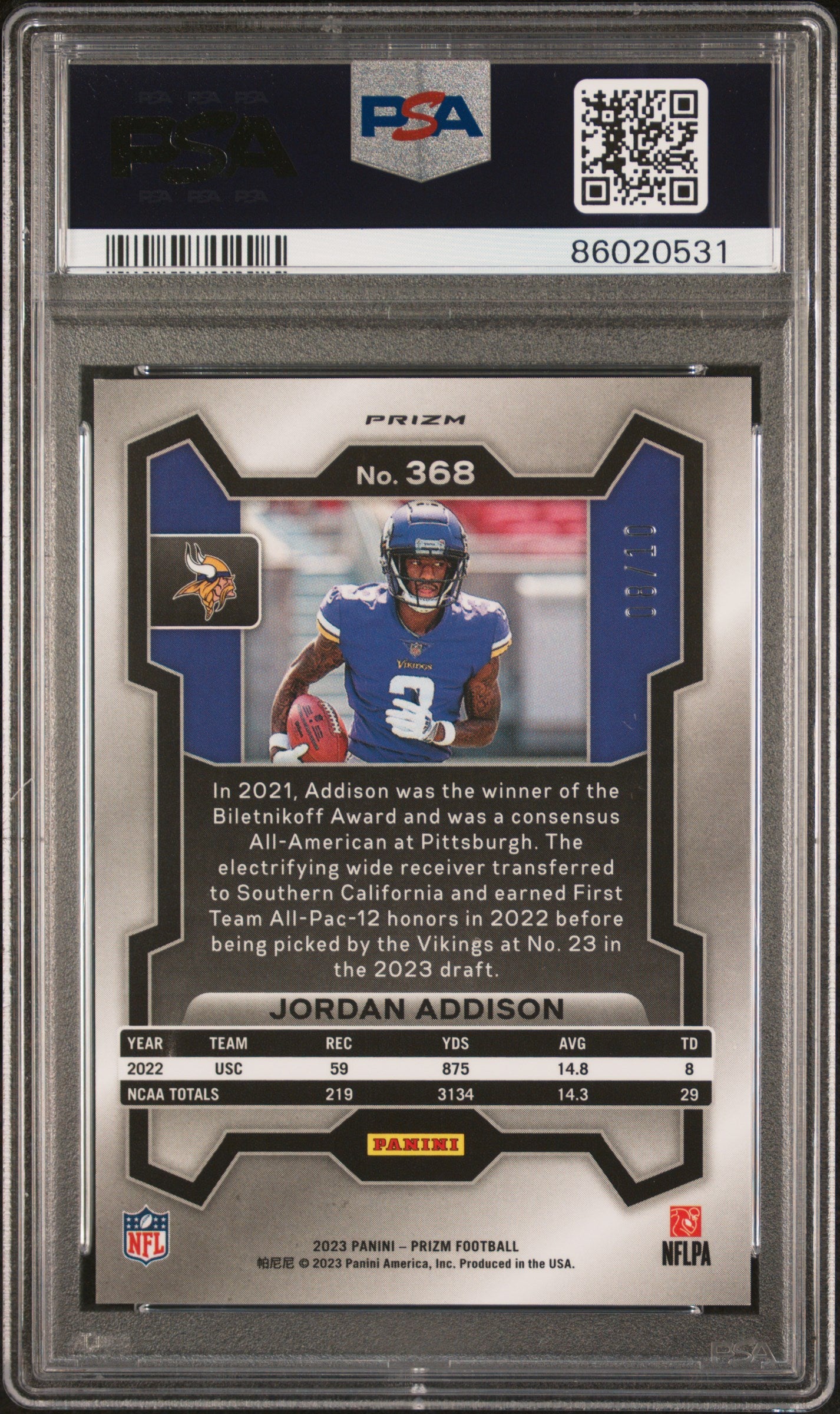 2023 Panini Prizm Jordan Addison #368 Gold Shimmer PSA 9