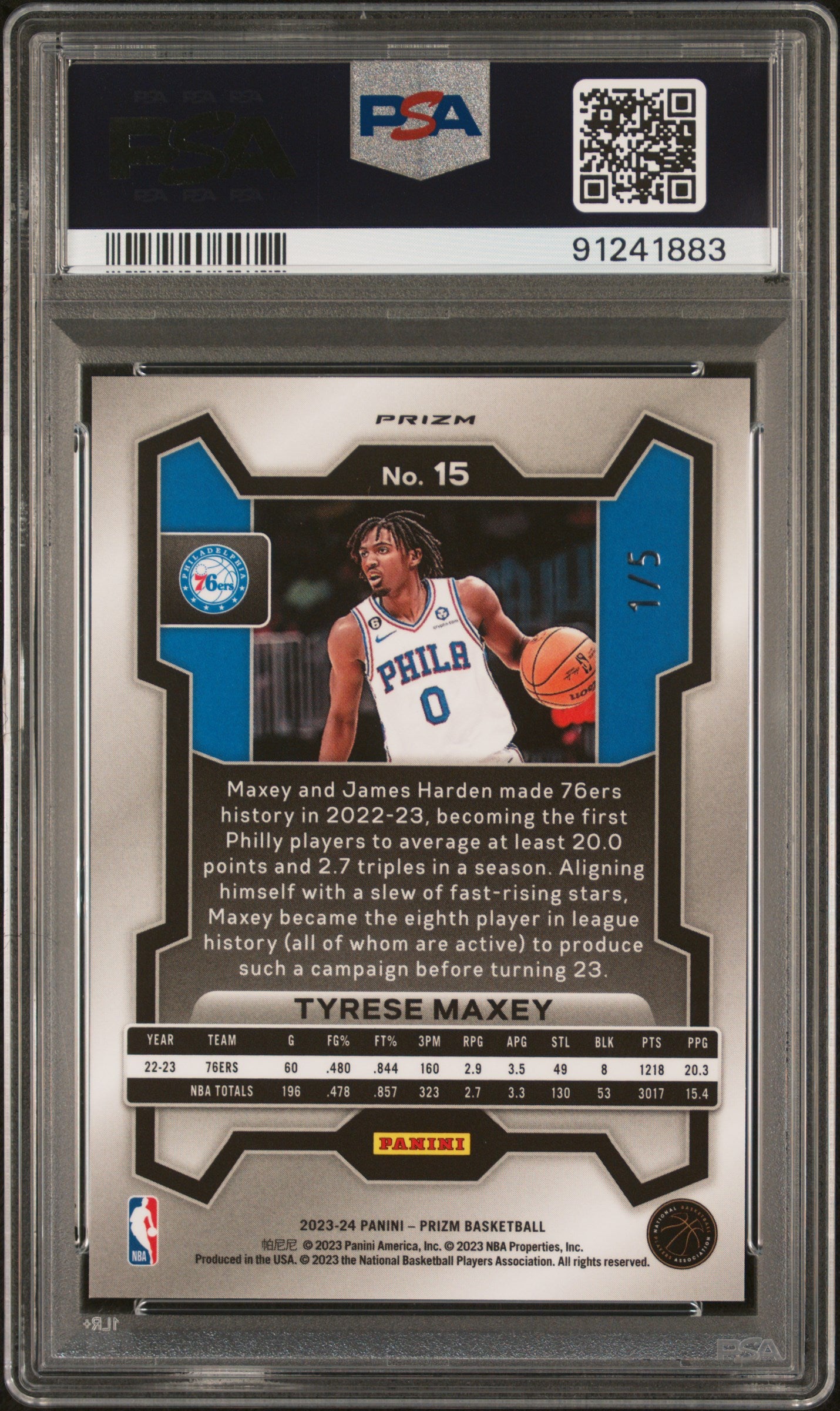 2023 Panini Prizm Tyrese Maxey #15 Green Shimmer Fotl PSA 10