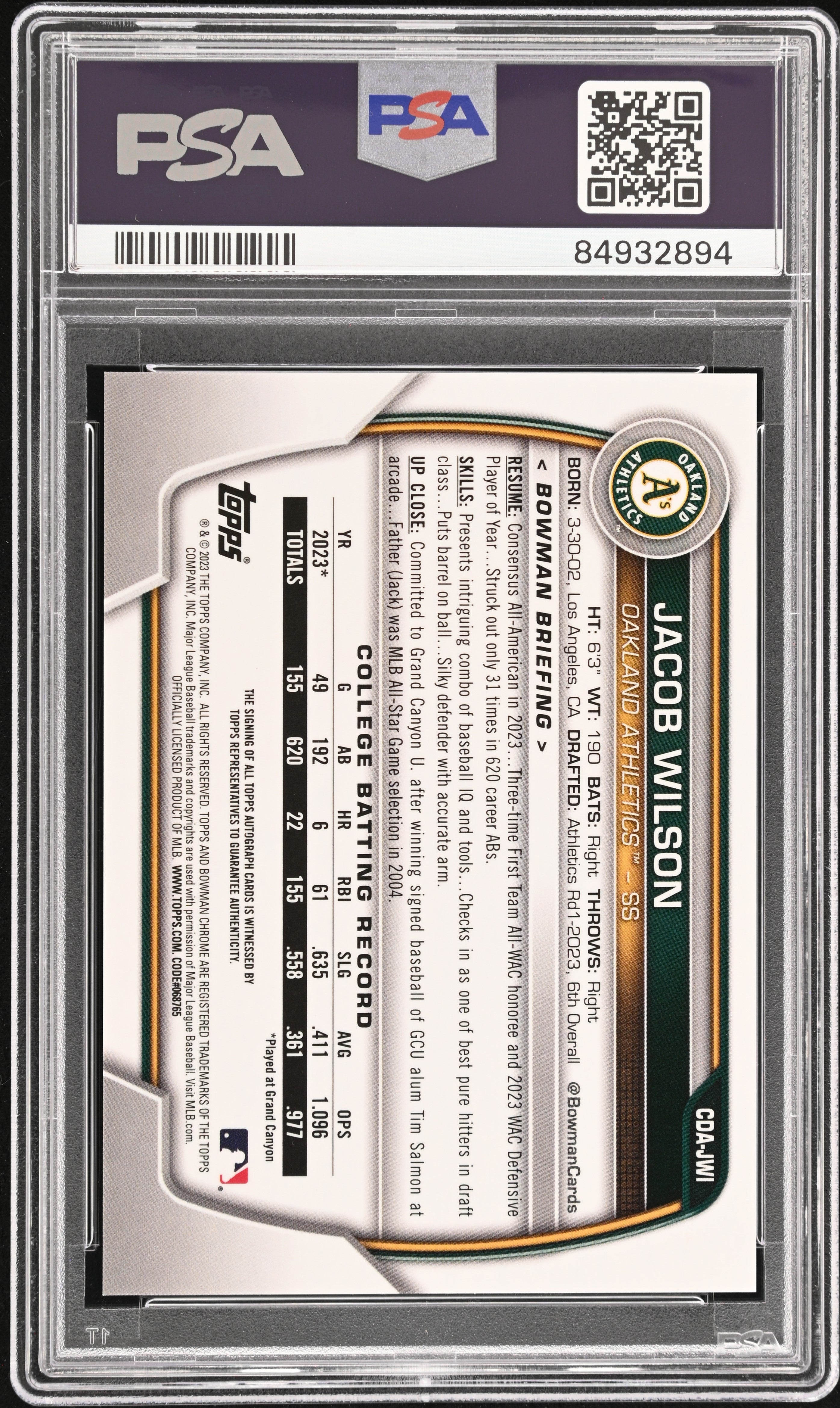 2023 Bowman Draft Chrome Prospect Autograph Jacob Wilson #CDAJWI PSA 10