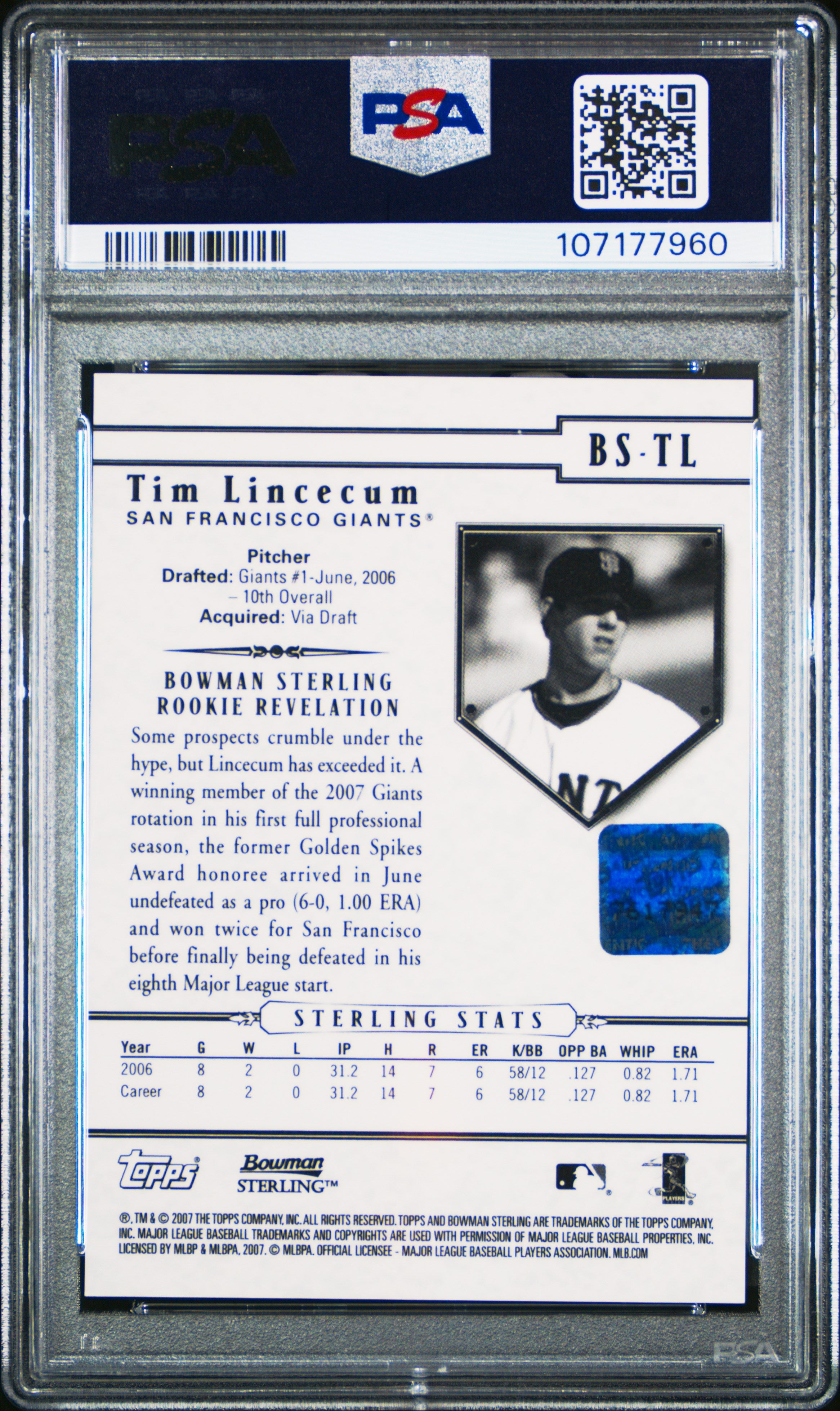 2007 Bowman Sterling Tim Lincecum #BS-TL Autograph PSA 8
