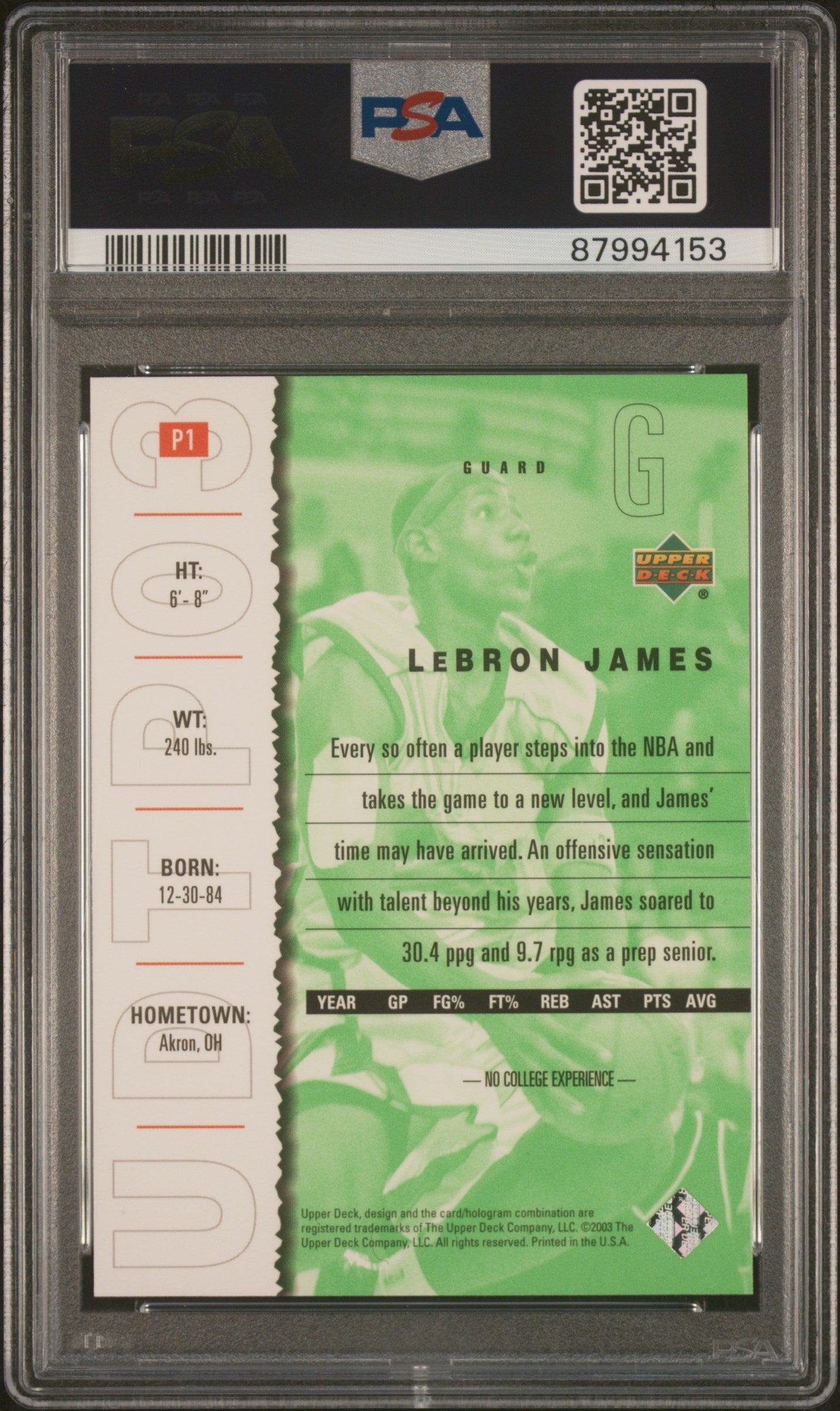 2003 Upper Deck Top Prospects Promo LeBron James #P1 PSA 10