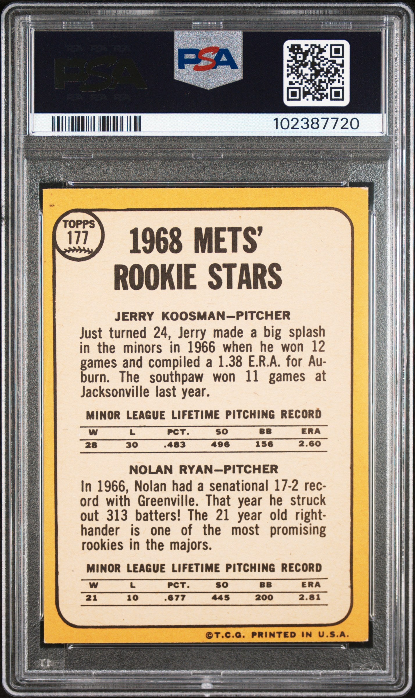 1968 Topps Mets Rookies #177 J. Koosman N. Ryan MC PSA 5