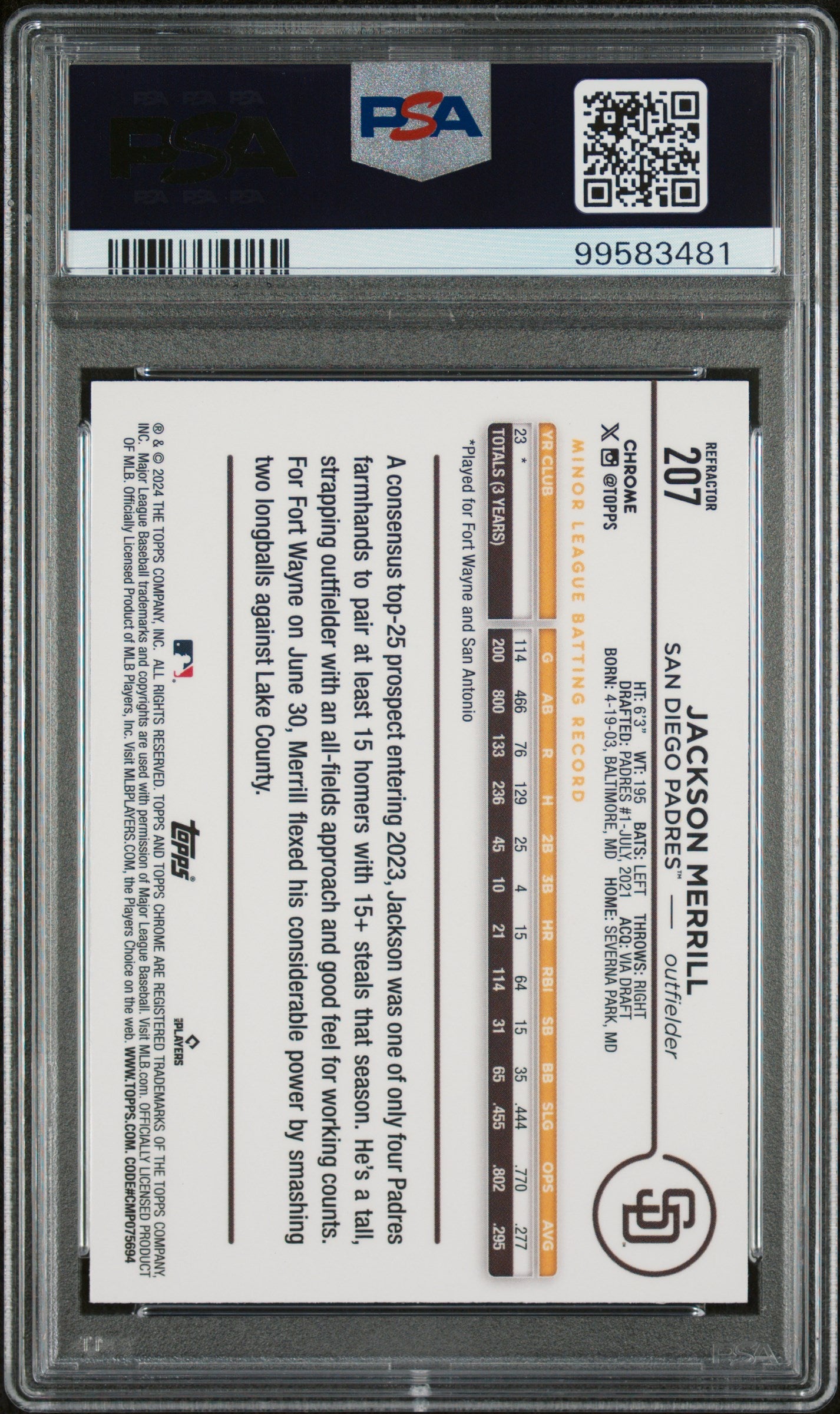 2024 Topps Chrome Jackson Merrill #207 Refractor PSA 10