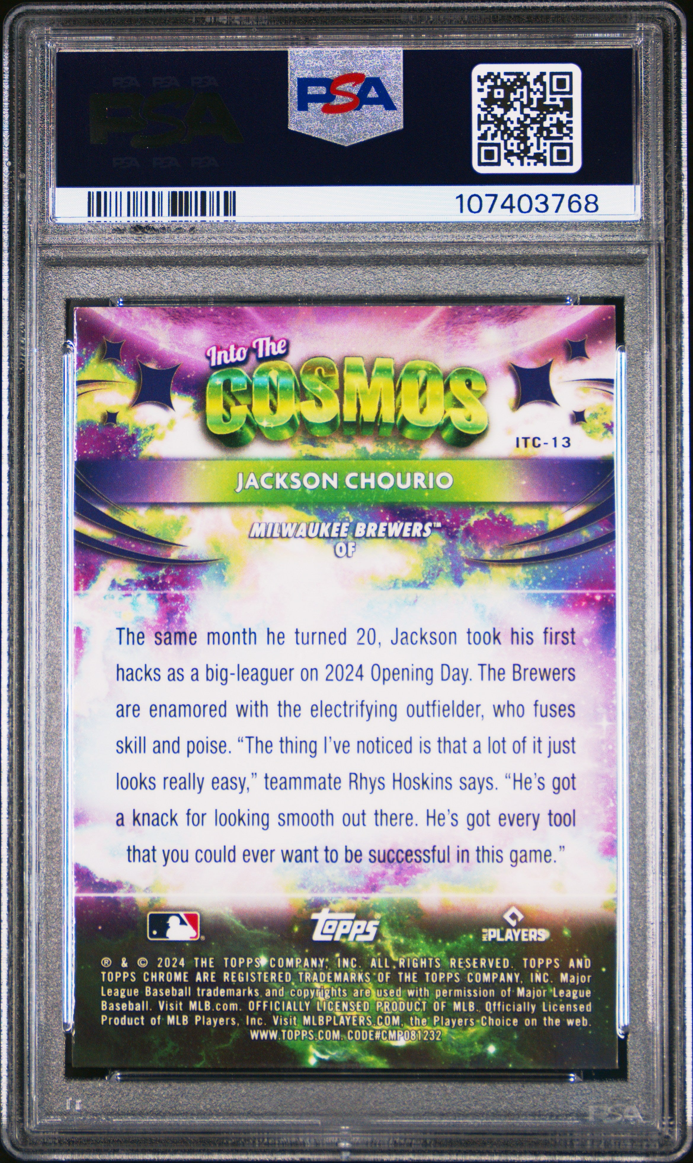 2024 Topps Chrome Cosmic Into The Cosmos Jackson Chourio #13 Itc Gold Interstellar Ref 32/50 PSA 9