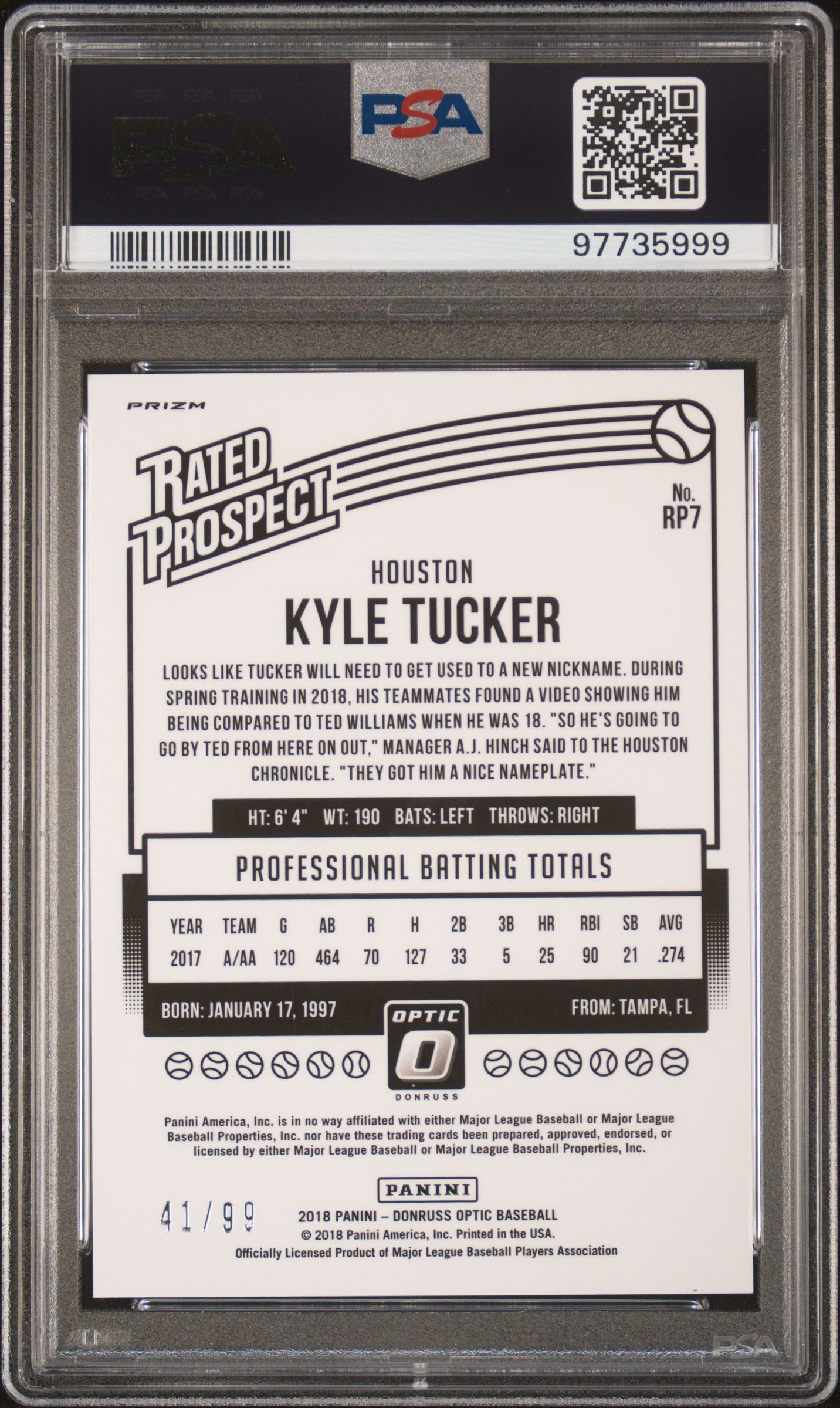 2018 Panini Donruss Optic Rated Prospect Kyle Tucker #RP7 Rated Prospect Red PSA 10