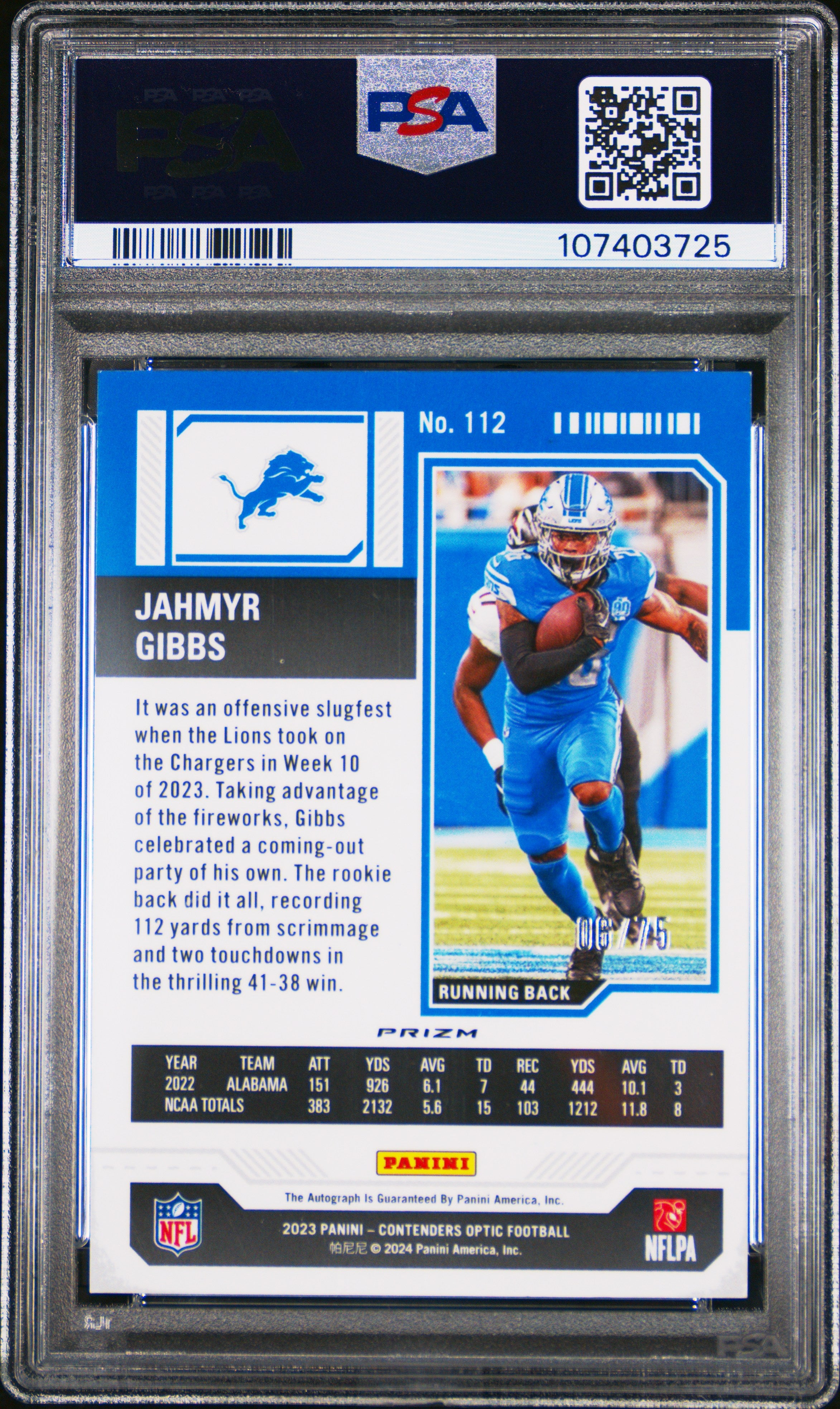 2023 Panini Contenders Optic Jahmyr Gibbs #112 Autograph Blue PSA 8