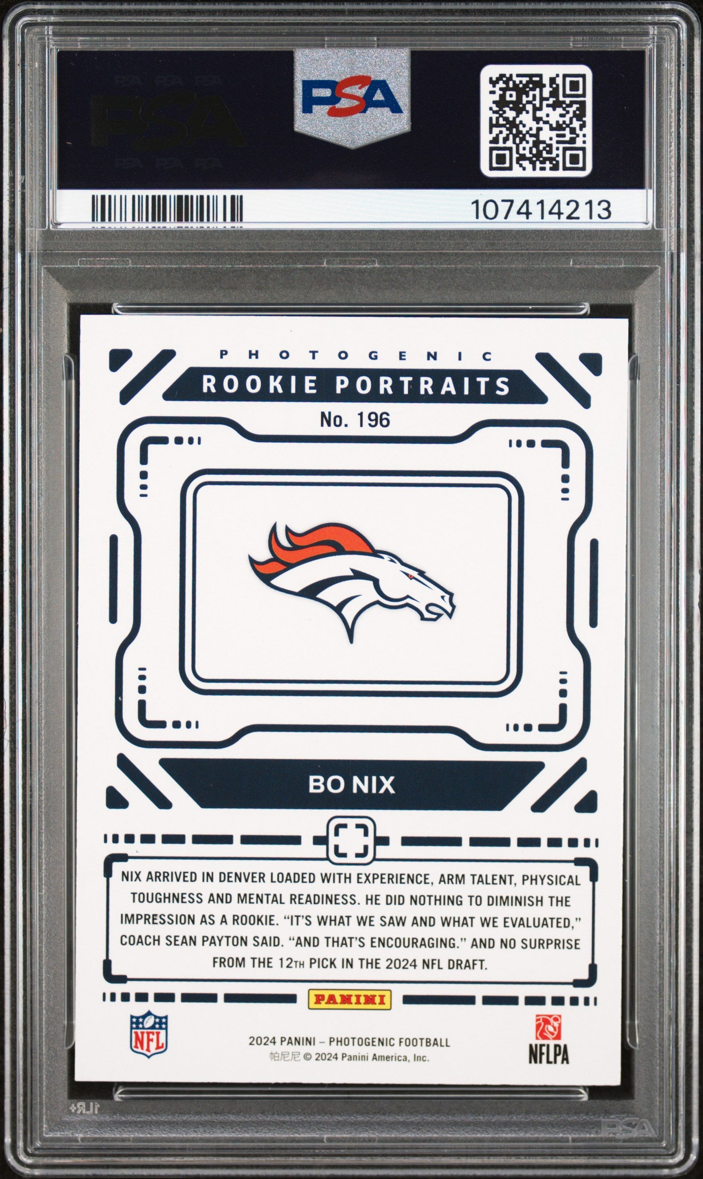 2024 Panini Photogenic Bo Nix #196 Black 1/1 PSA 9