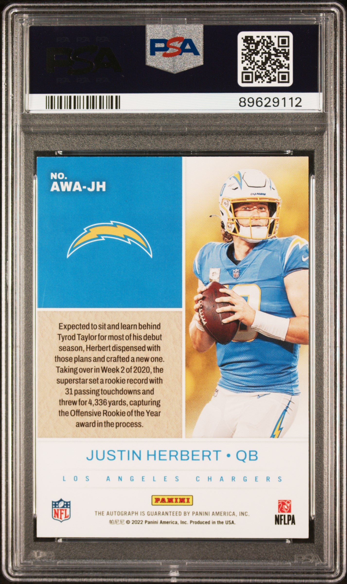 2022 Panini Certified Award Winners Autographs Justin Herbert #JH Autograph PSA 9